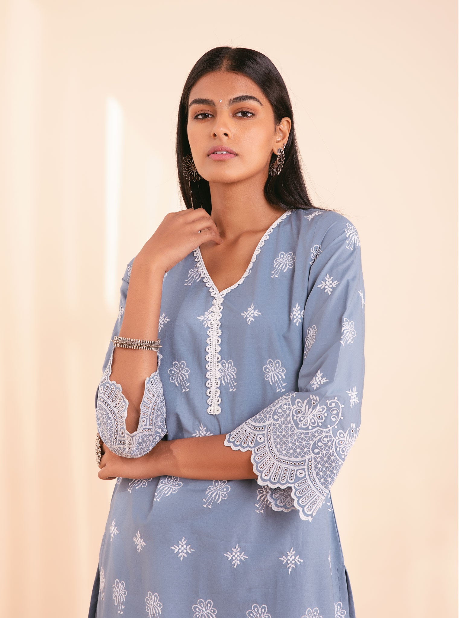 Mulmul Cotton Nihri Denim Kurta With Nihri Denim Pant