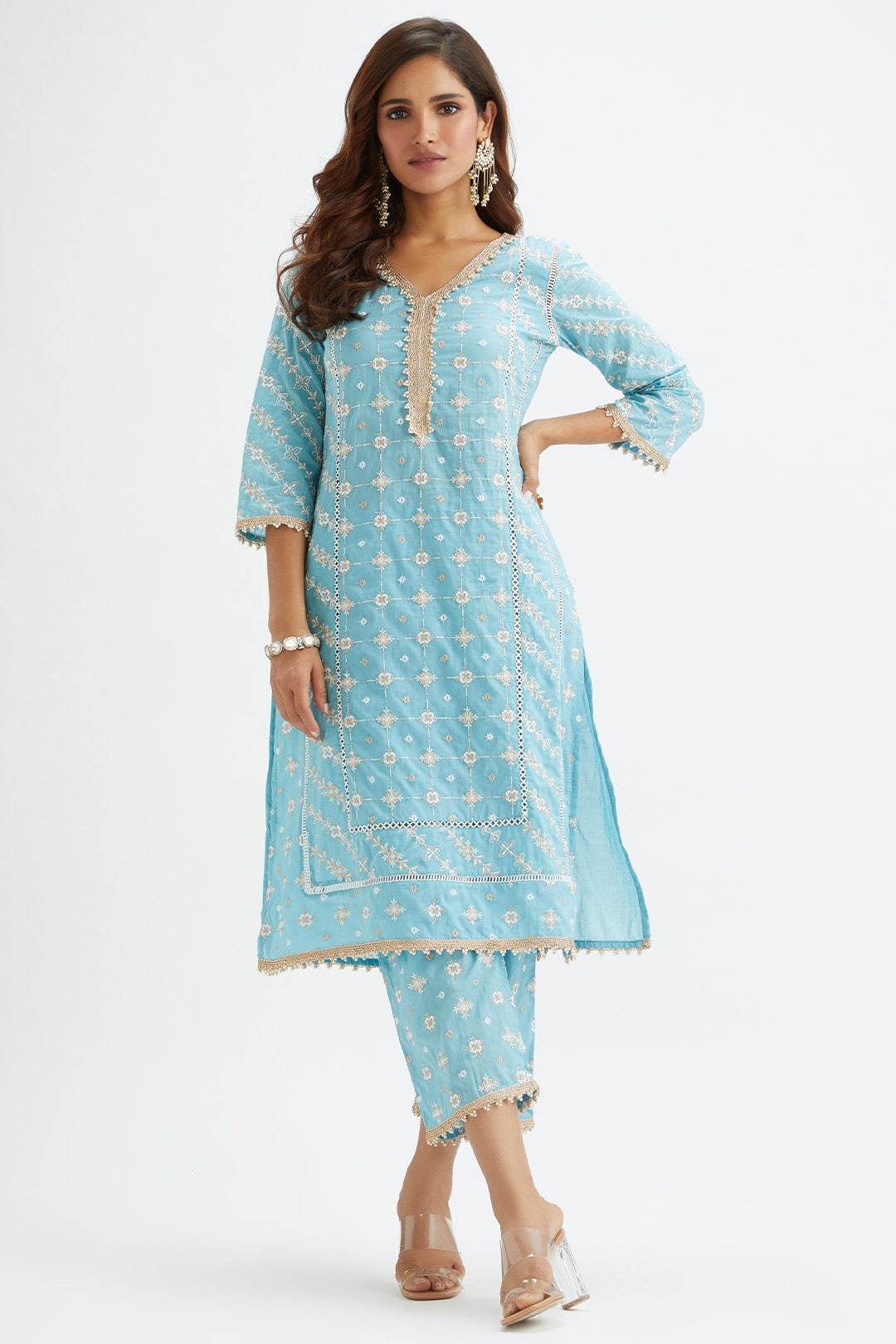 Mulmul Cotton Pelican Blue Kurta With Pelican Blue Pyajama