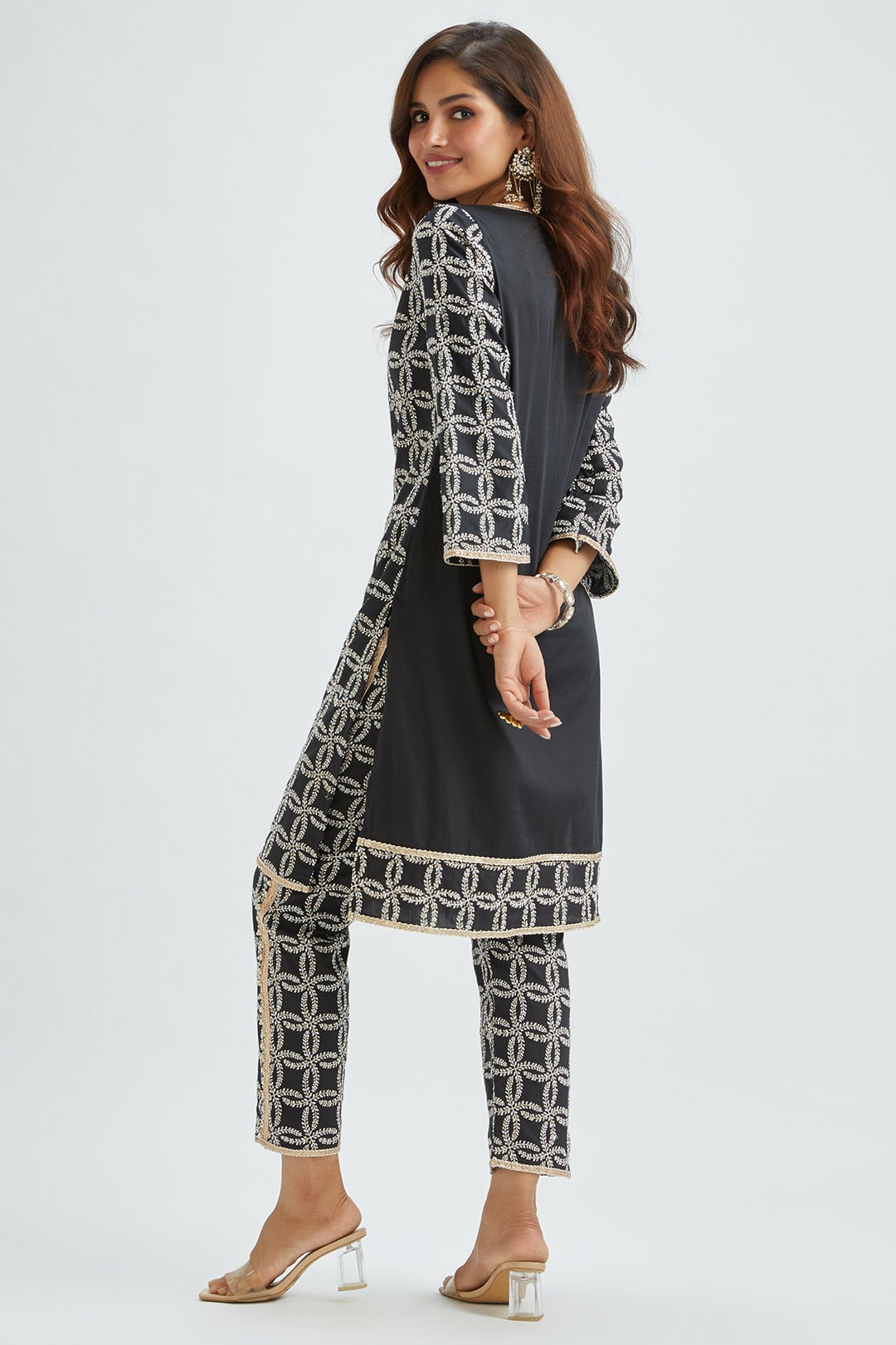 Mulmul Supima Satin Perry Black Kurta With Perry Black Pant