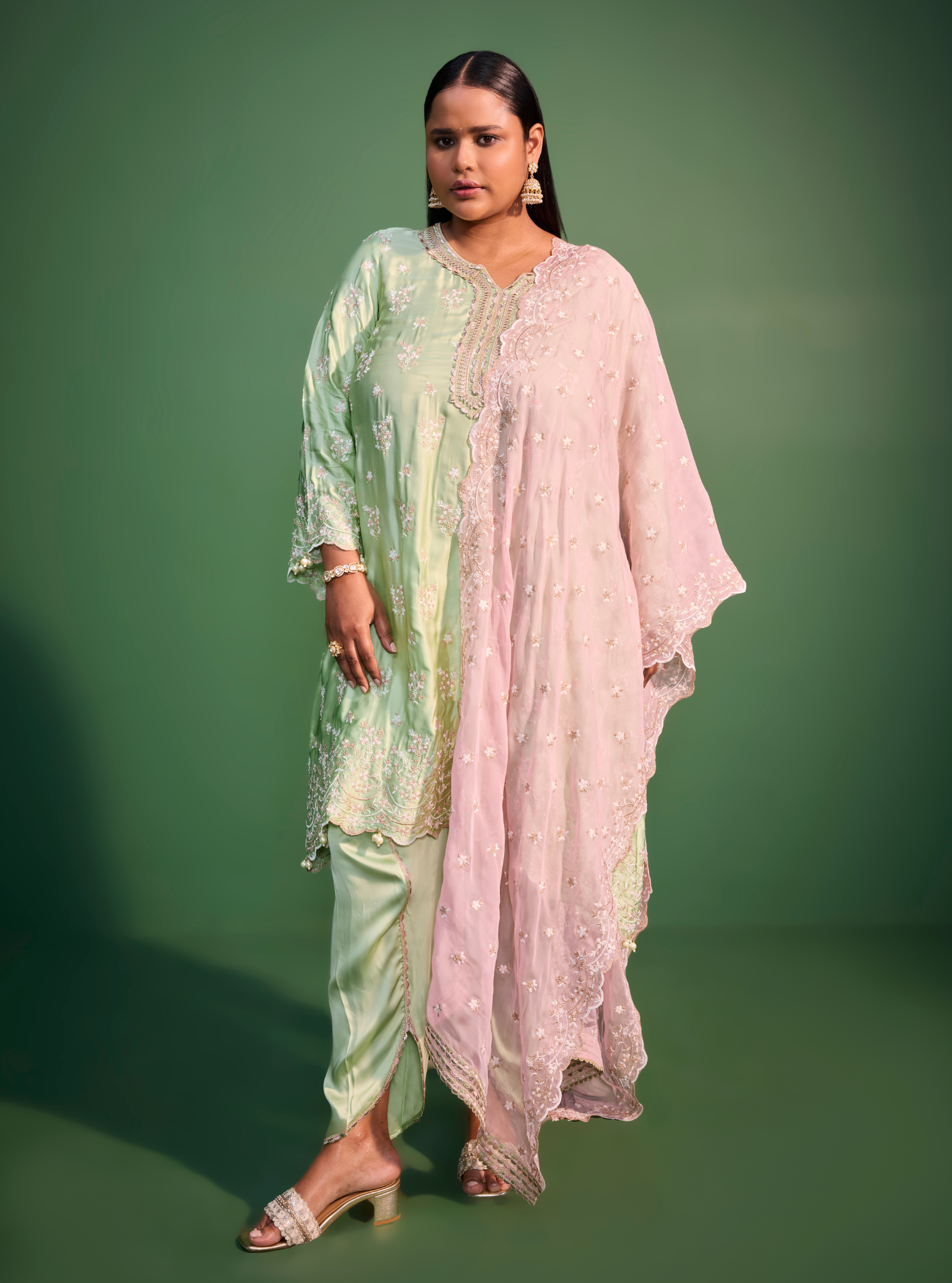 Mulmul Cupro Satin Mangalam Green Kurta With Mulmul Cupro Satin Mangalam Green Pant