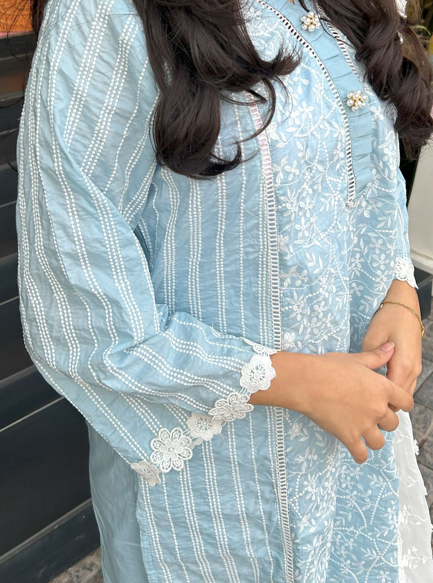 Mulmul Cotton Malani light Blue Kurta With Mulmul Cotton Diagonal Lace White Pant