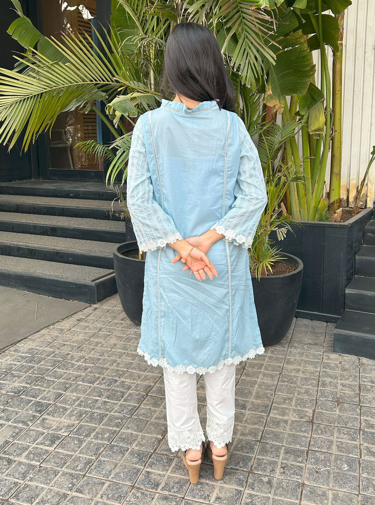 Mulmul Cotton Malani light Blue Kurta With Mulmul Cotton Diagonal Lace White Pant