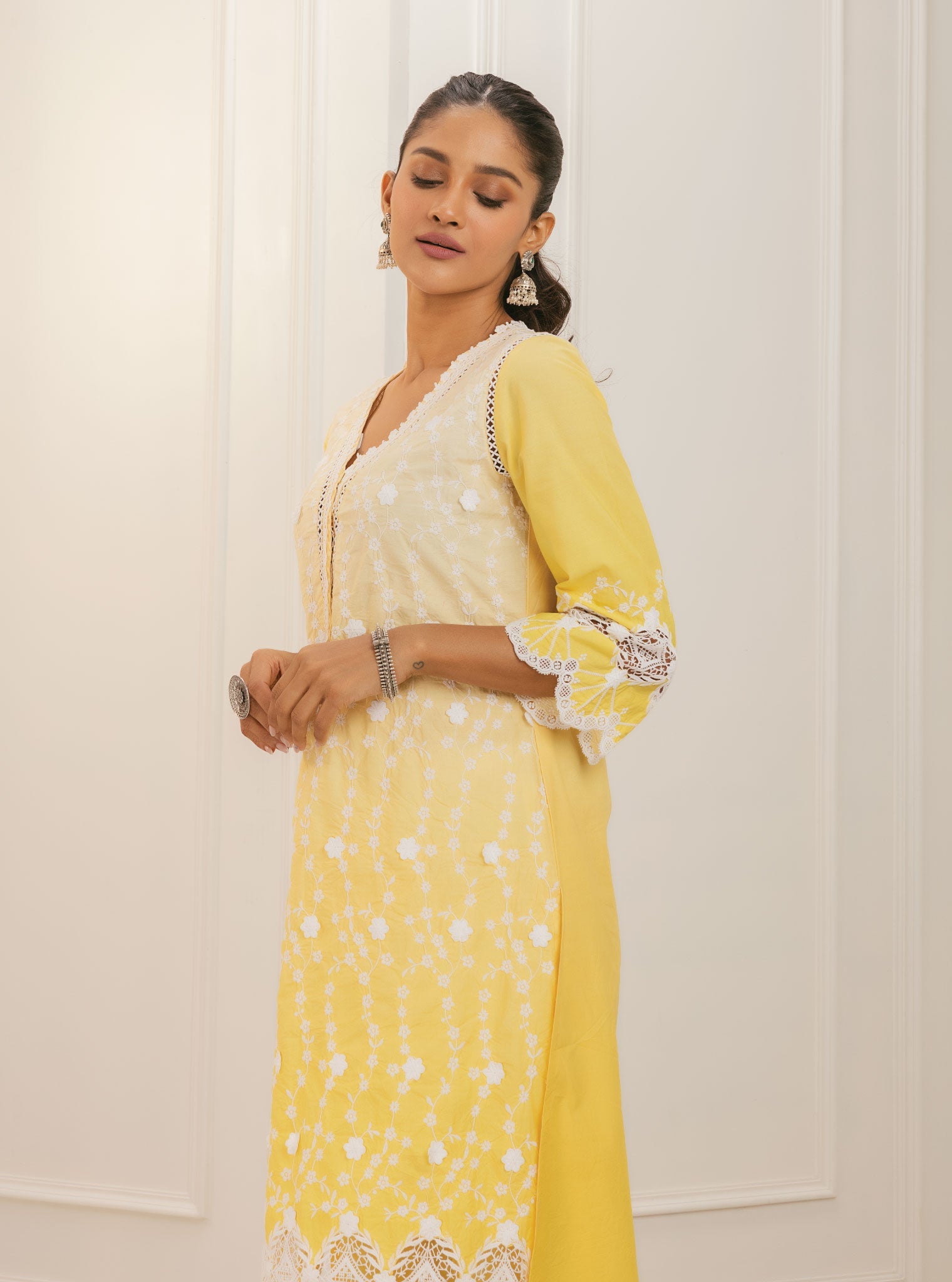 Mulmul Cotton Purna Yellow Kurta With Purna Yellow Palazzo