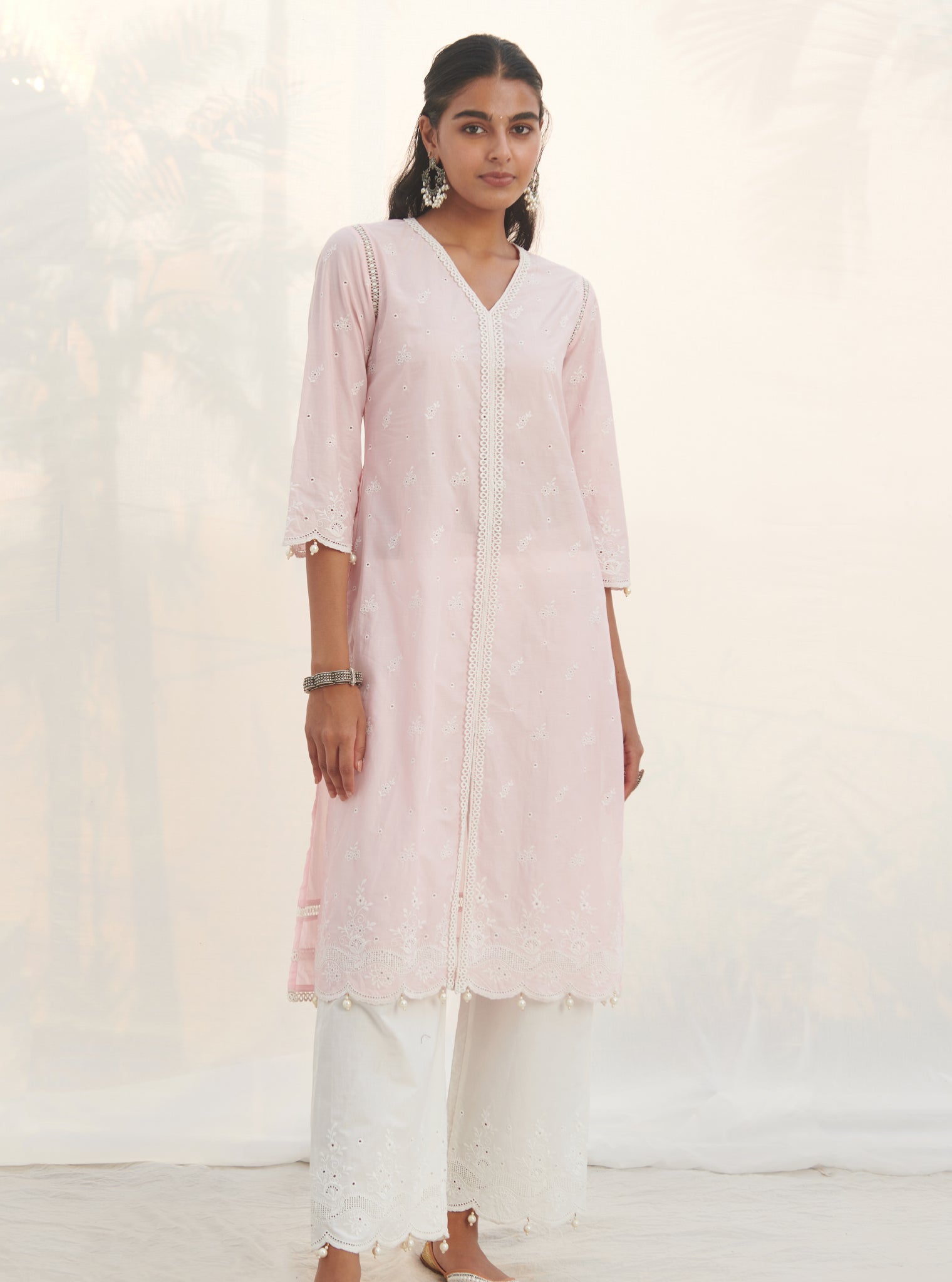 Mulmul Cotton Revora Pink Kurta With Mulmul Cotton Revora White Pant