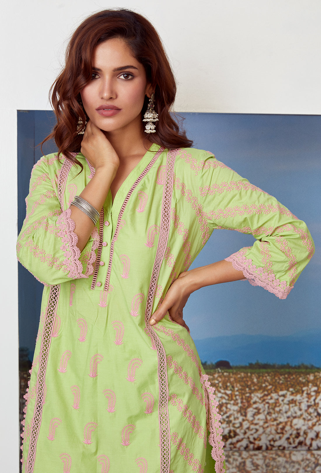 Mulmul Cotton Rhinestone Green Kurta With Rhinestone Green Pyajama