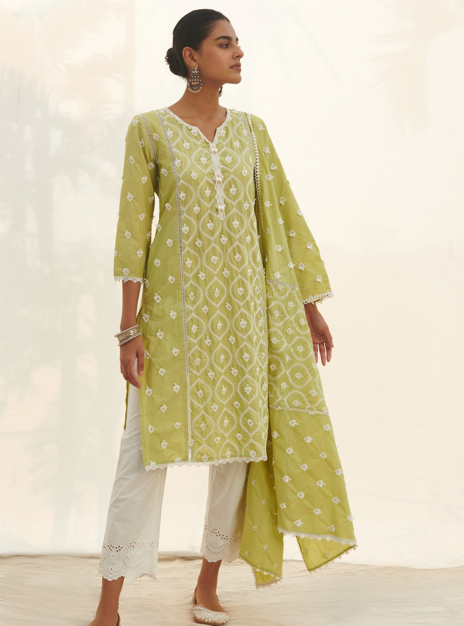 Mulmul Cotton Pilerne Lime Dupatta