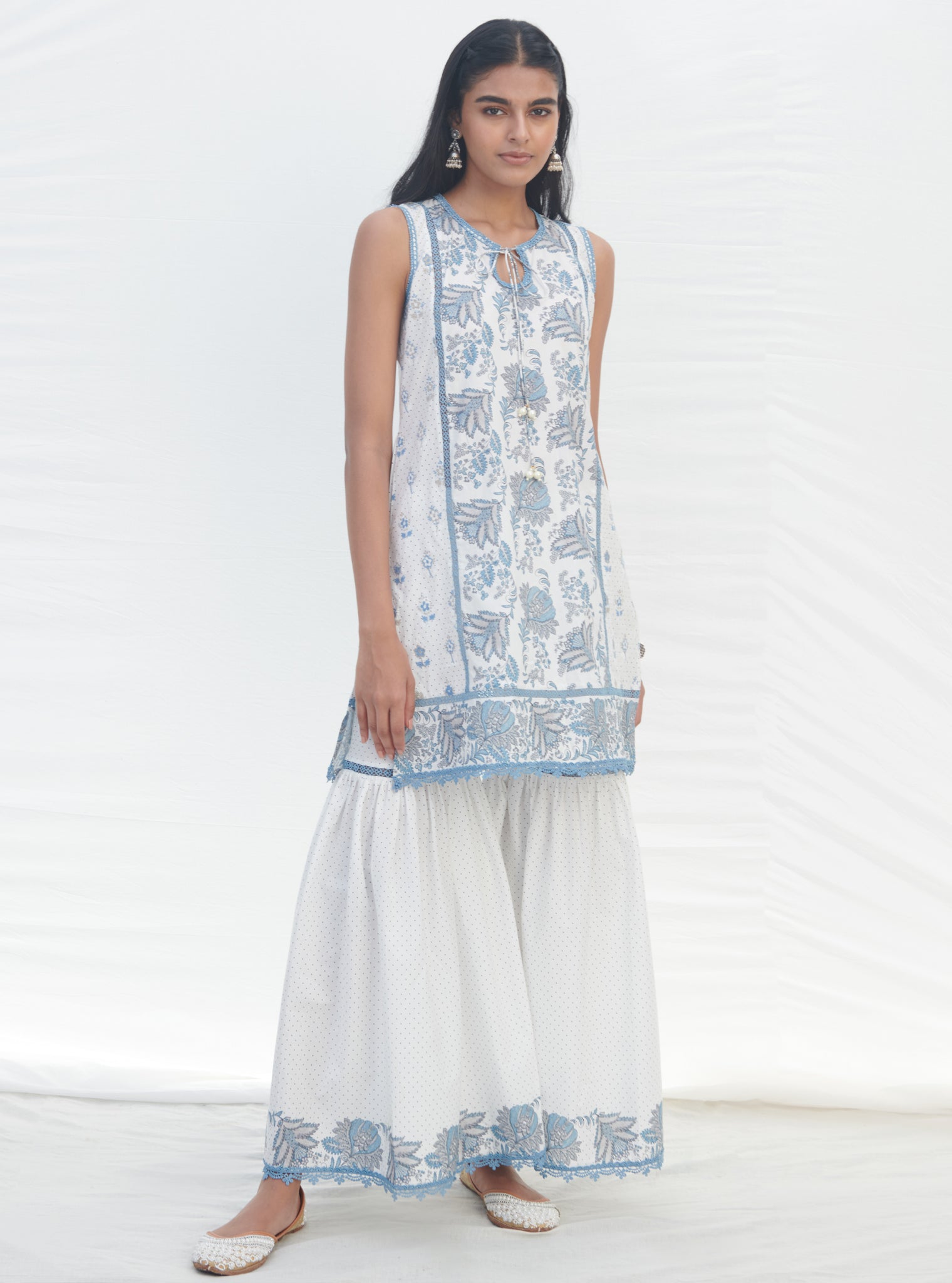 Mulmul Cotton Sakura Blue Kurta With Mulmul Cotton Sakura Blue Pant