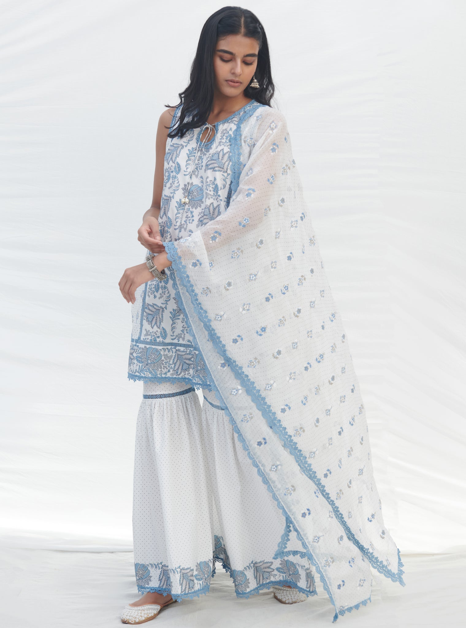 Mulmul Cotton Sakura Blue Kurta With Mulmul Cotton Sakura Blue Pant