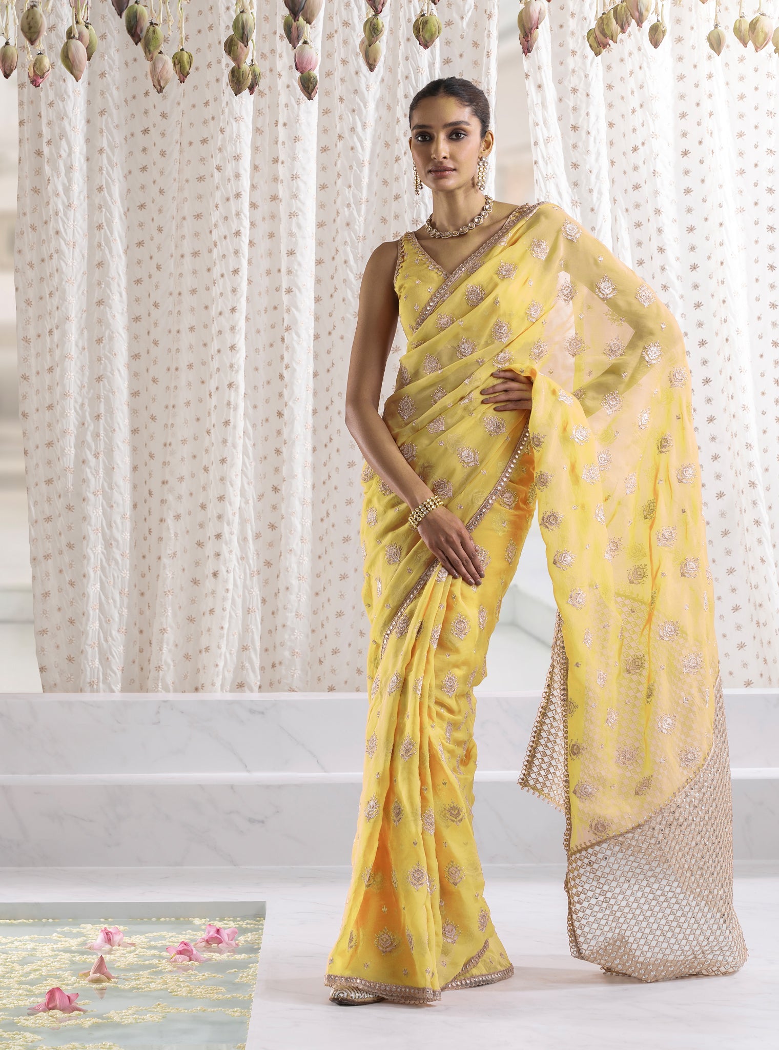 Mulmul Organza Savani Yellow Saree