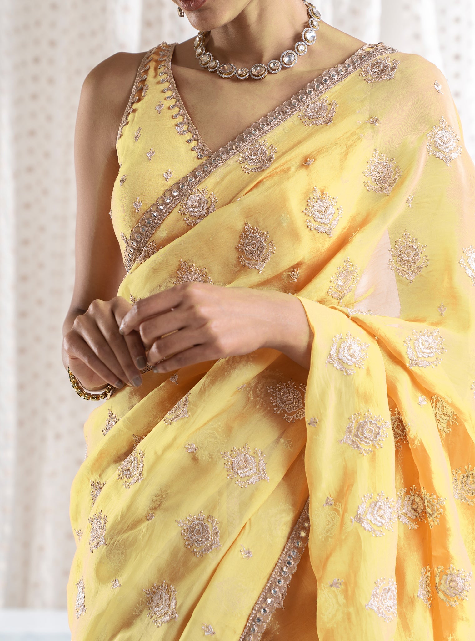 Mulmul Organza Savani Yellow Saree