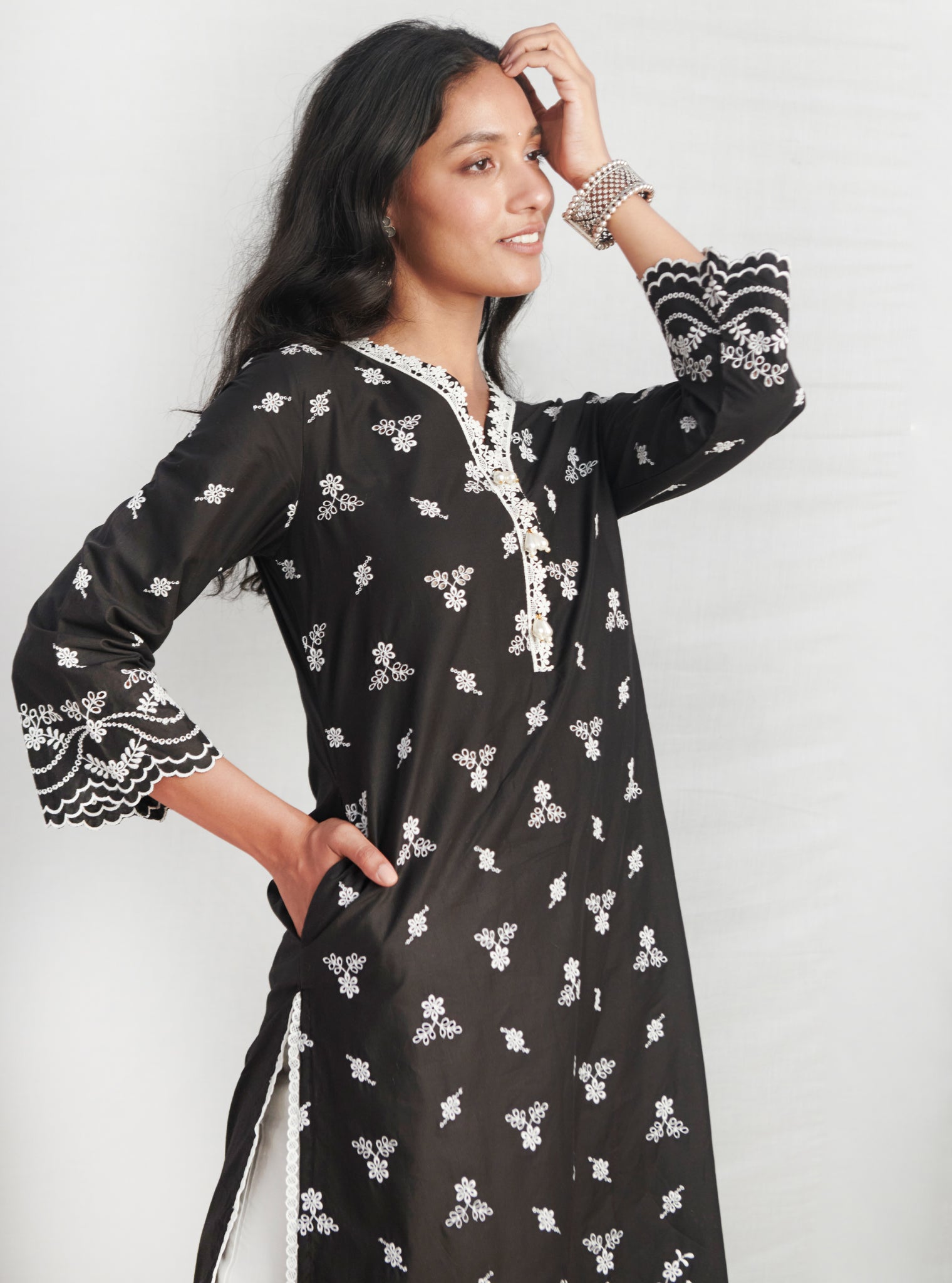 Mulmul Cotton Satari Black Kurta With Mulmul Cotton Satari White Pant