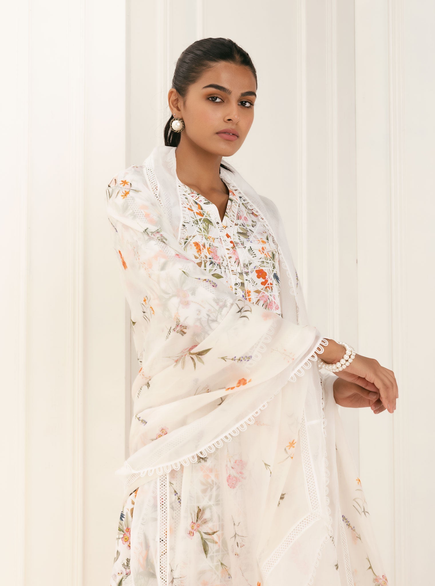 Mulmul Cotton Stassie White Kurta With Stassie White Pant