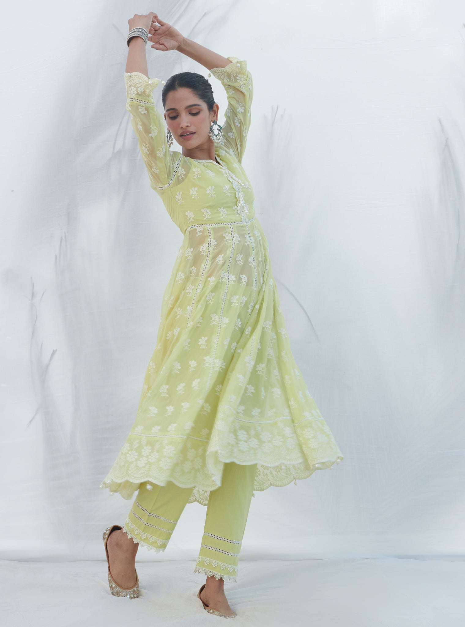 Mulmul Organza Anarkali Surla Lime Kurta With Mulmul Cotton Surla Lime Pant