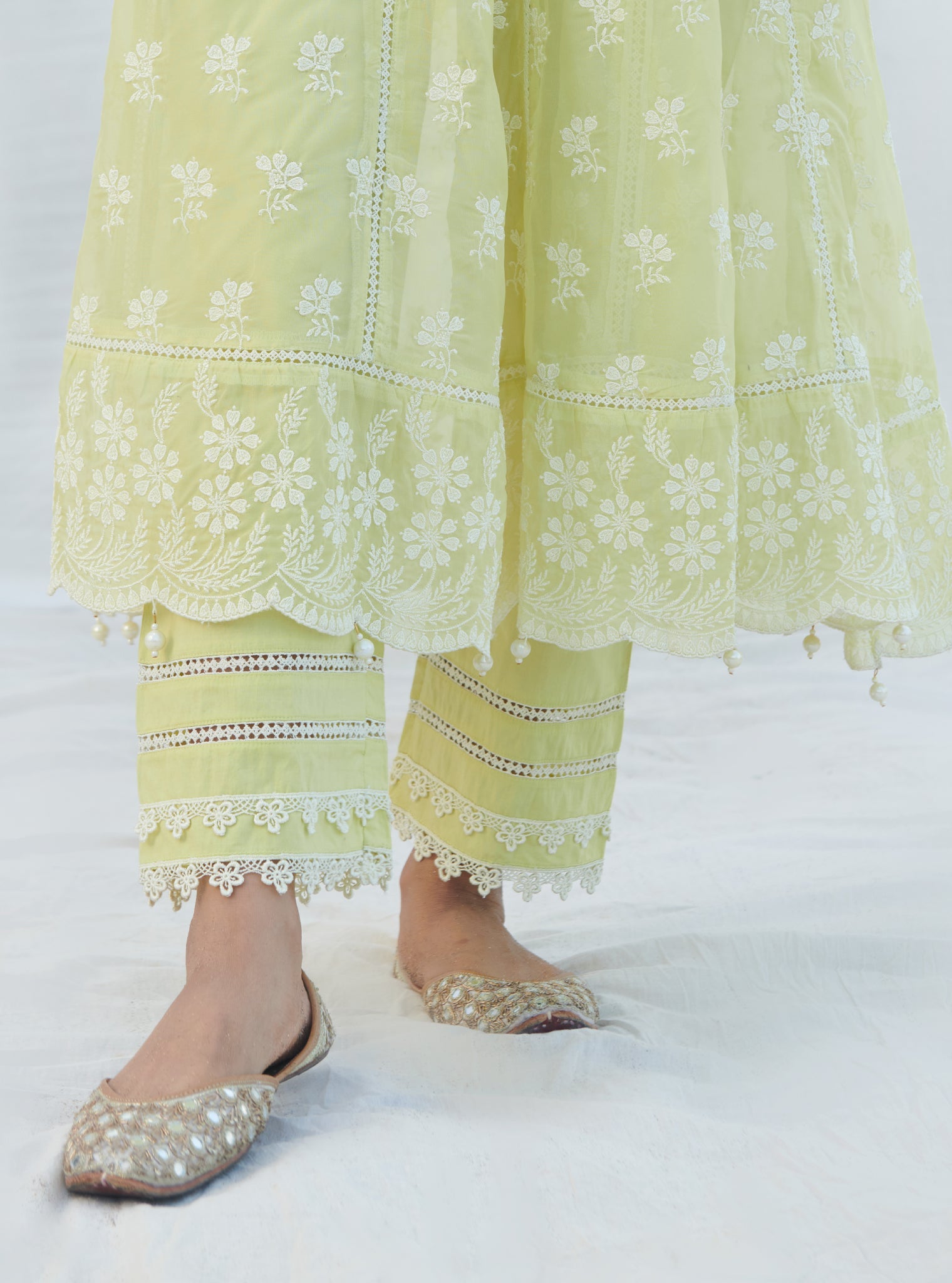 Mulmul Organza Anarkali Surla Lime Kurta With Mulmul Cotton Surla Lime Pant