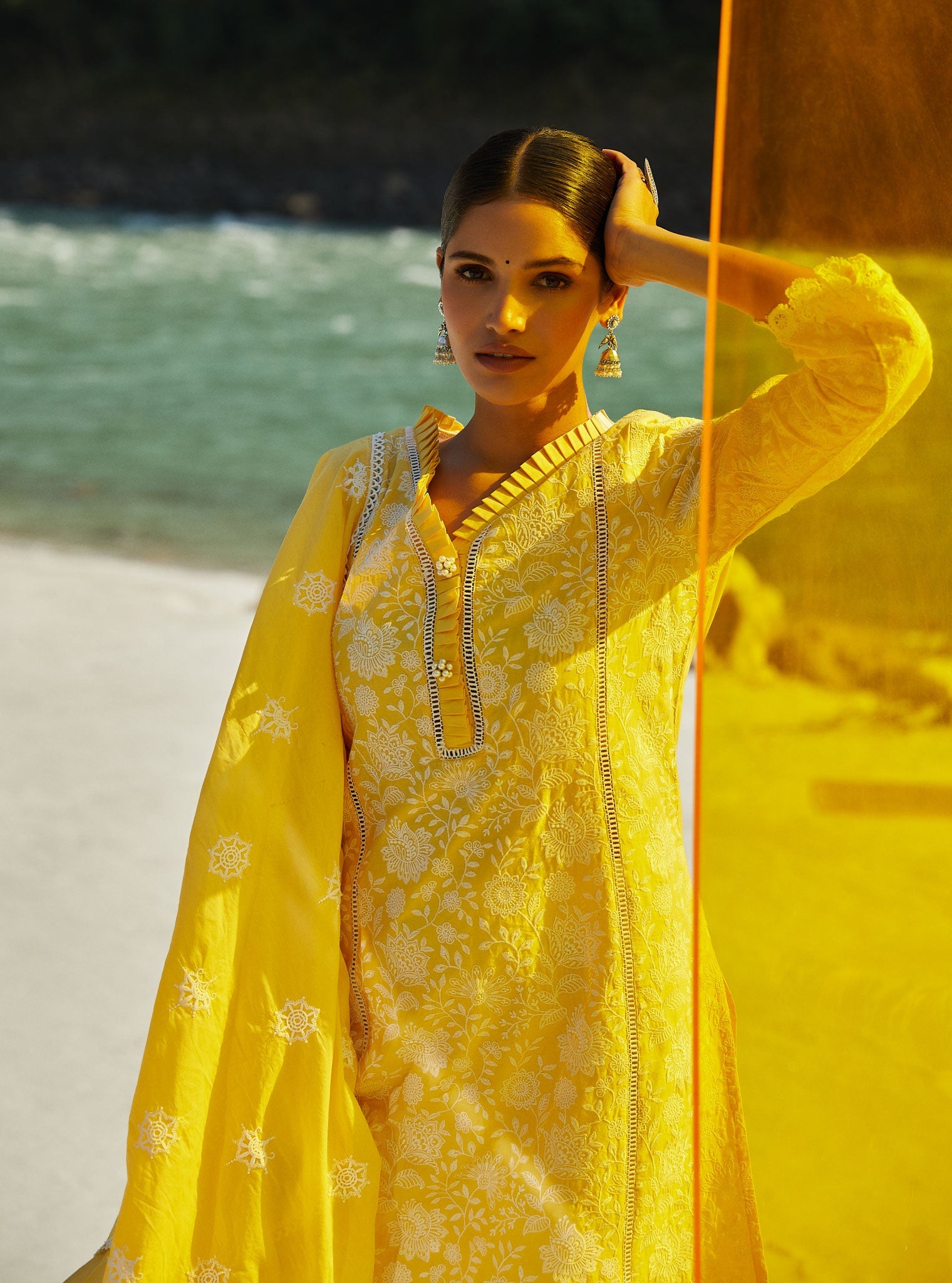 Mulmul Cotton Syari Yellow Kurta With Tulip Lace White Pant