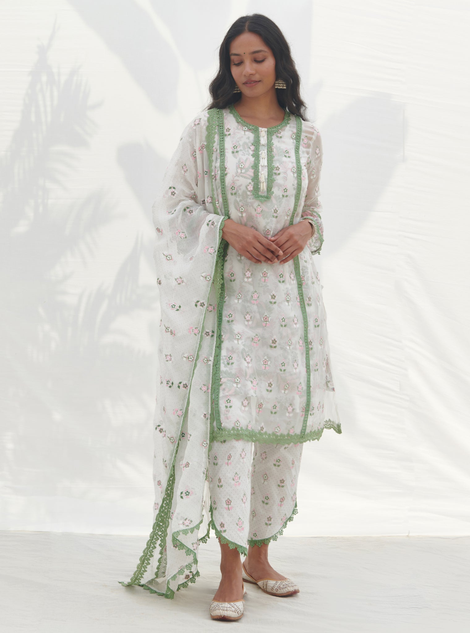 Mulmul Organza Terra Green Kurta With Mulmul Cotton Terra Green Pant