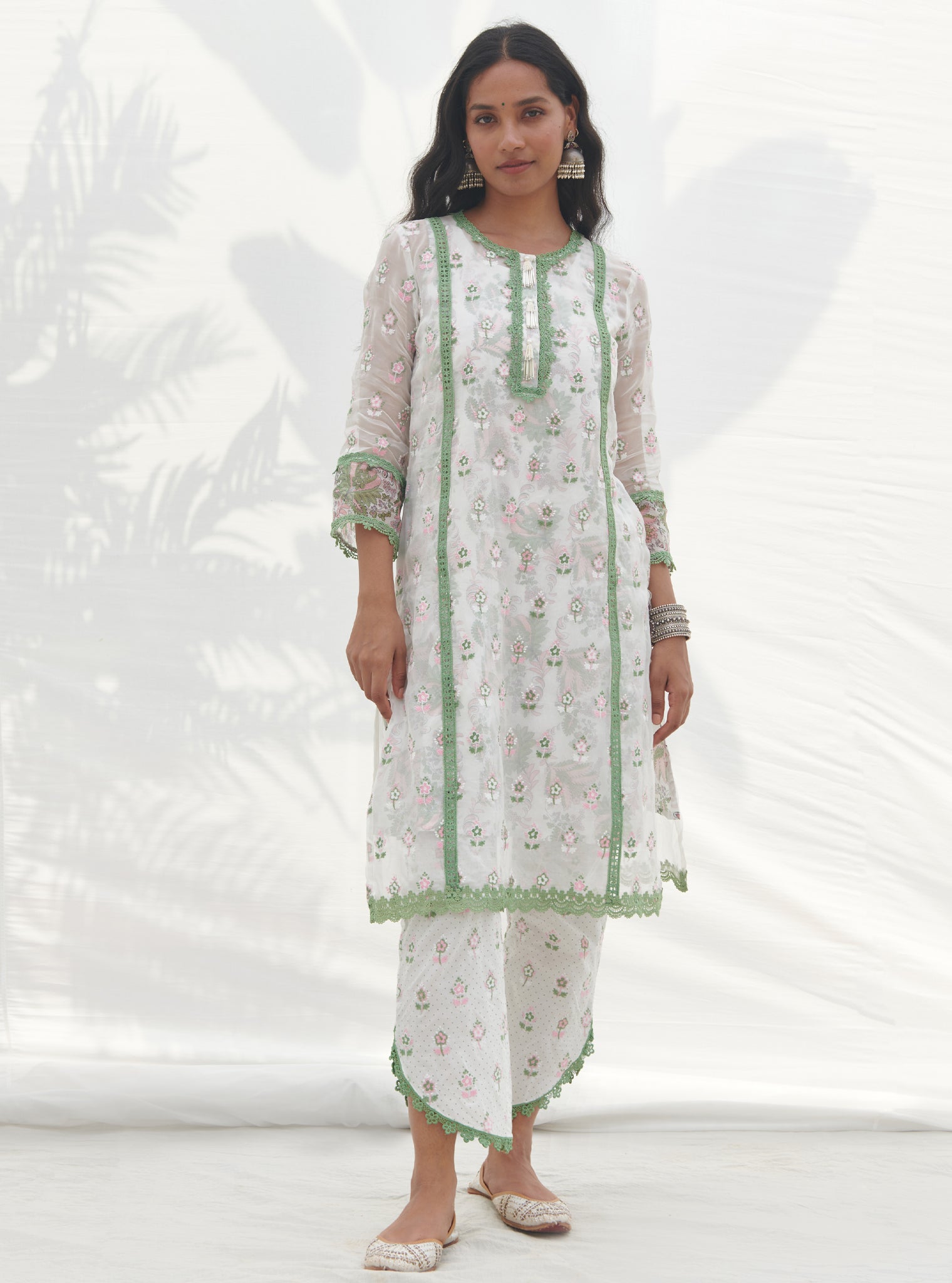 Mulmul Organza Terra Green Kurta With Mulmul Cotton Terra Green Pant