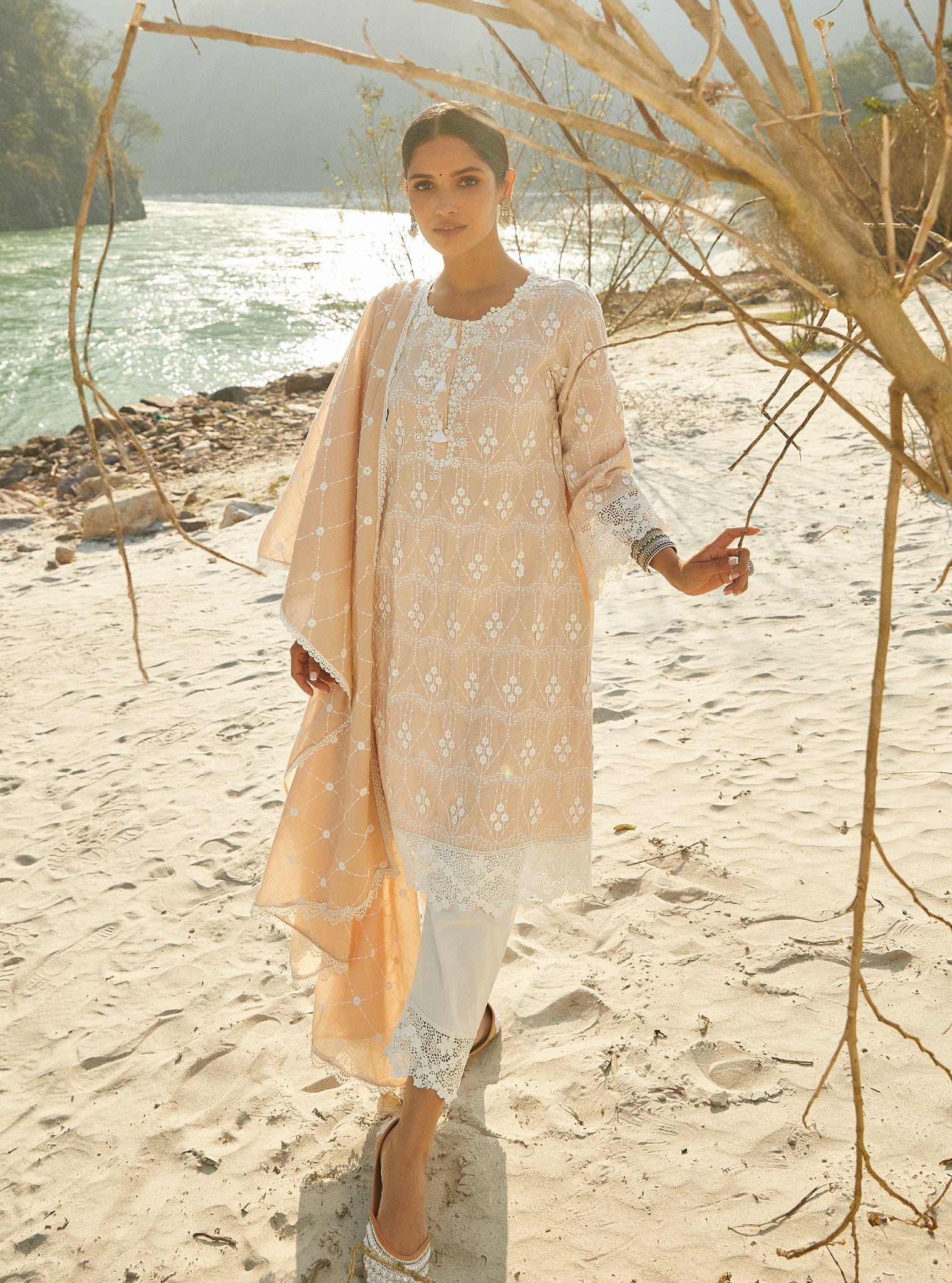 Mulmul Cotton Tirchy Beige Kurta With Irena White Pant