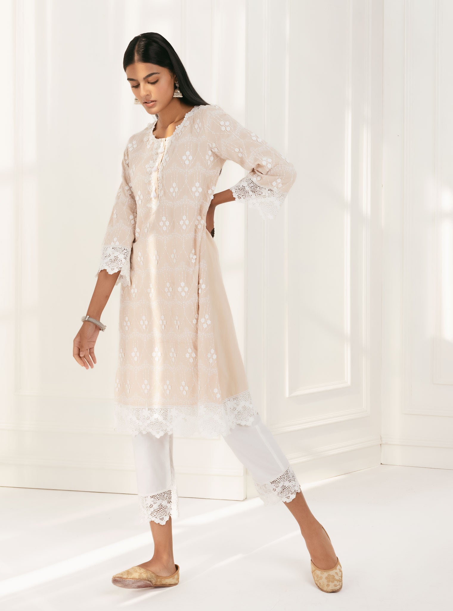 Mulmul Cotton Tirchy Beige Kurta With Irena White Pant