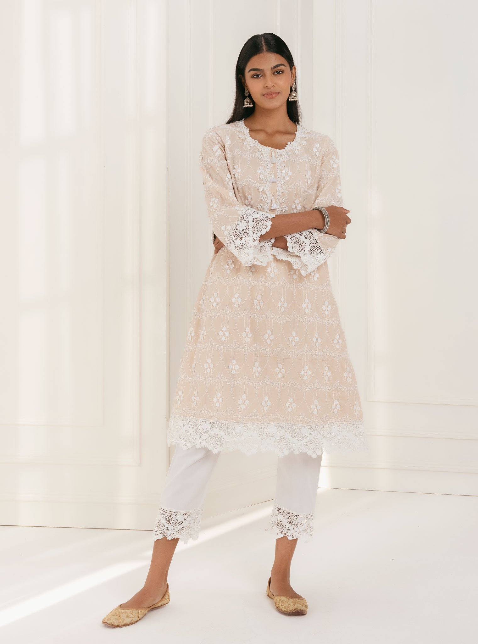 Mulmul Cotton Tirchy Beige Kurta With Irena White Pant