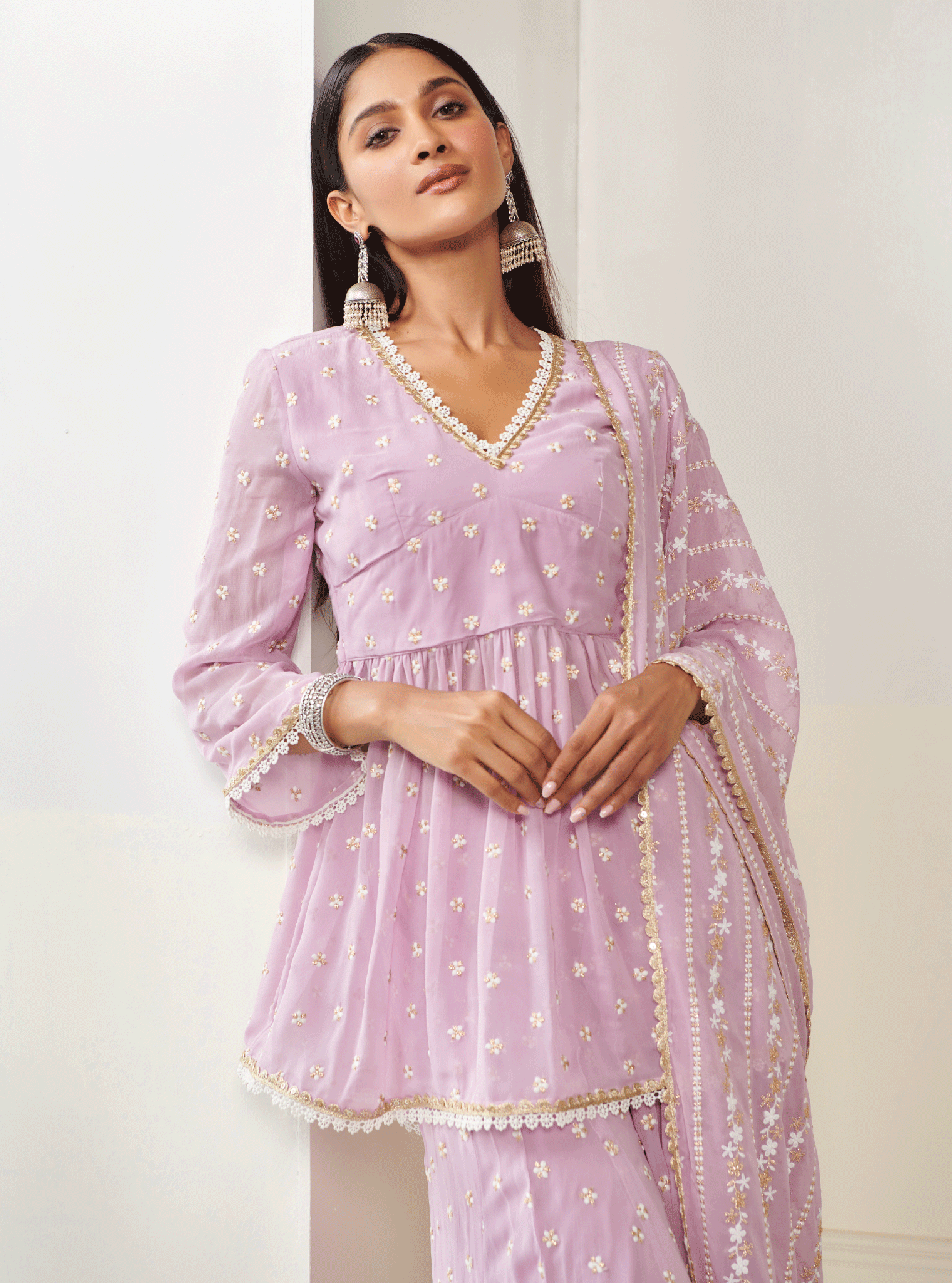 Mulmul Georgette Isra Lilac Kurta With Isra Lilac Sharara