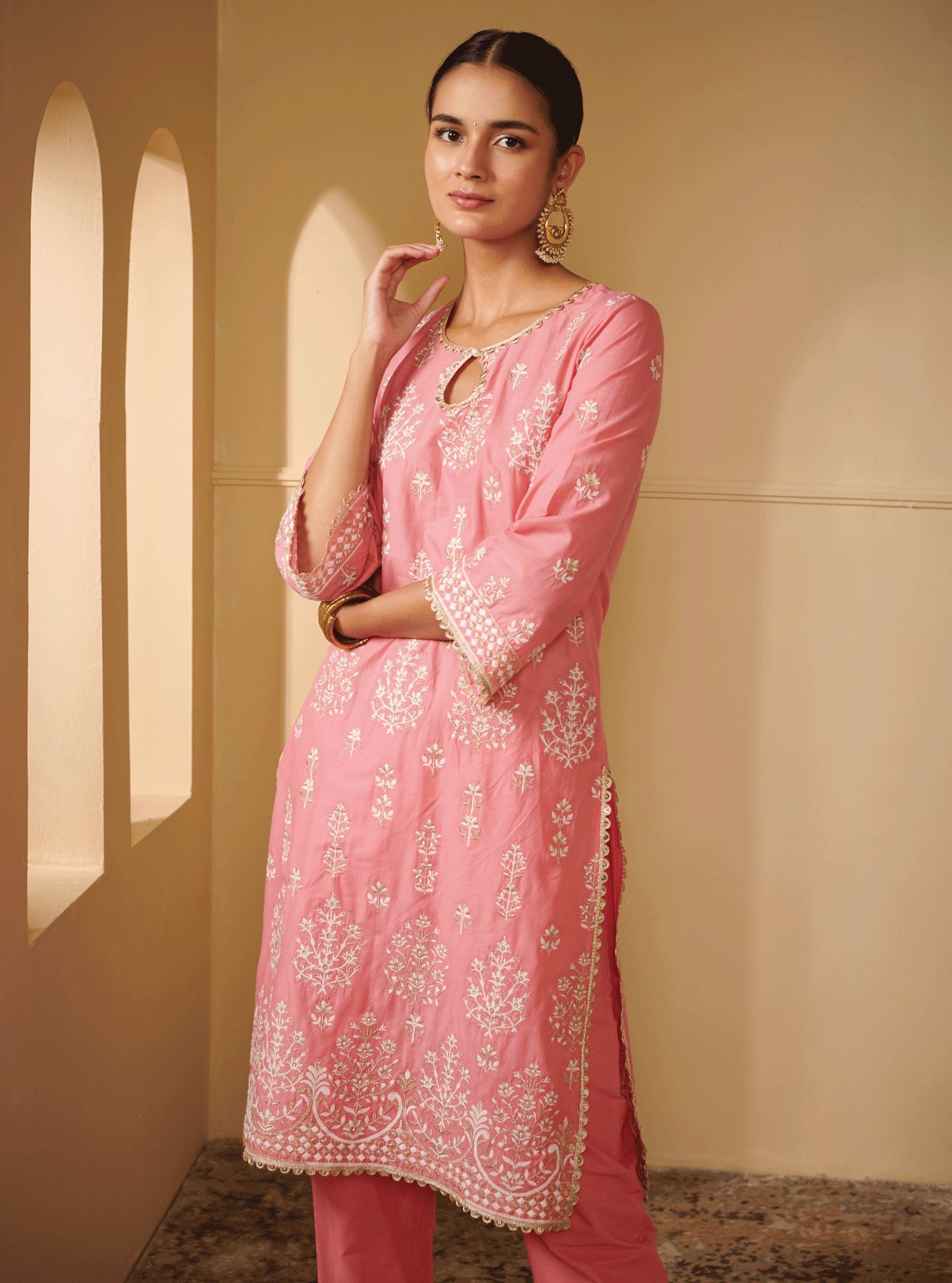 Mulmul Cotton Kasari Pink Kurta With Kasari Pink Pant