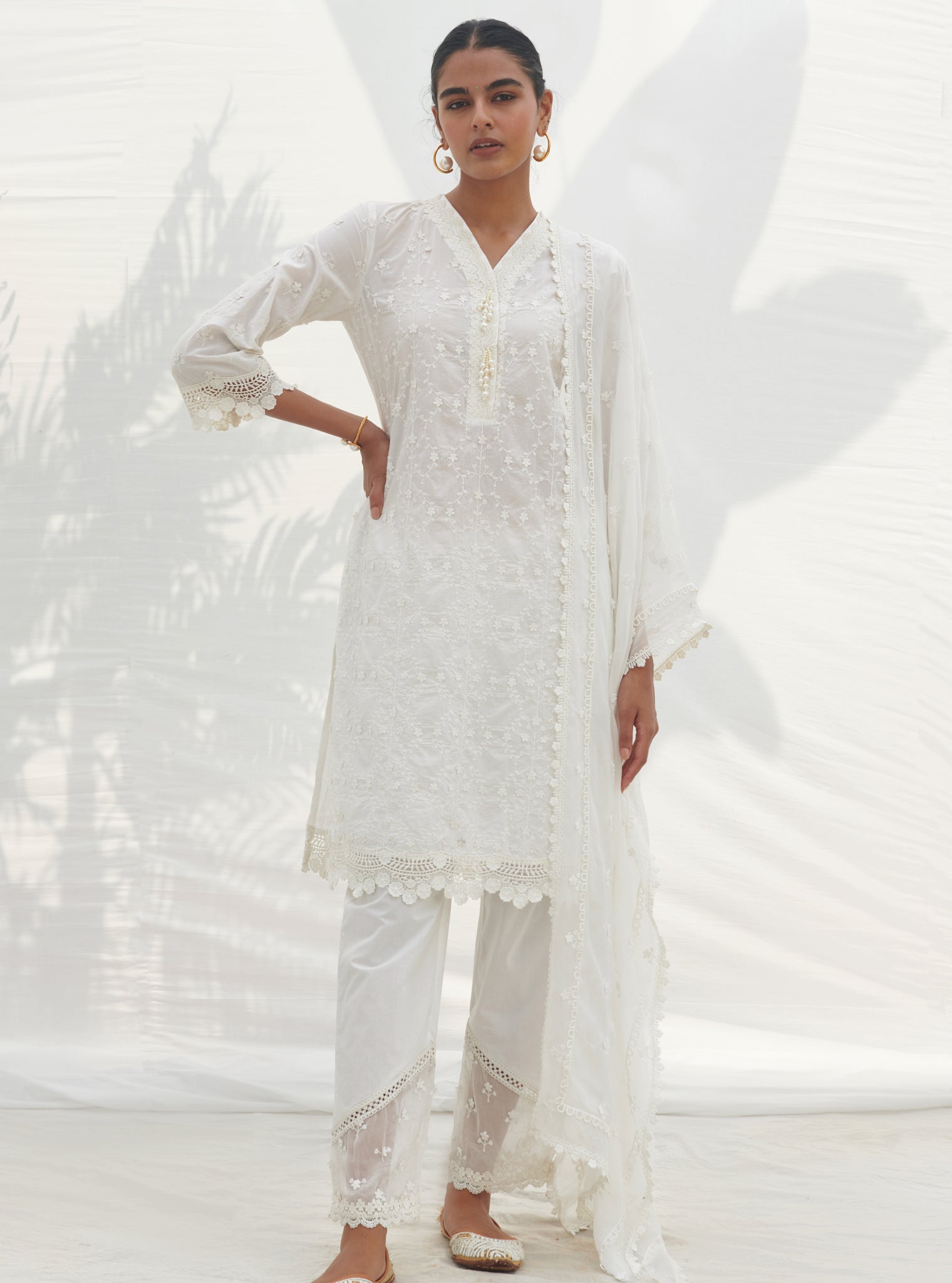 Mulmul Cotton Veliena White Kurta With Mulmul Cotton Applique Organza Panel White pant