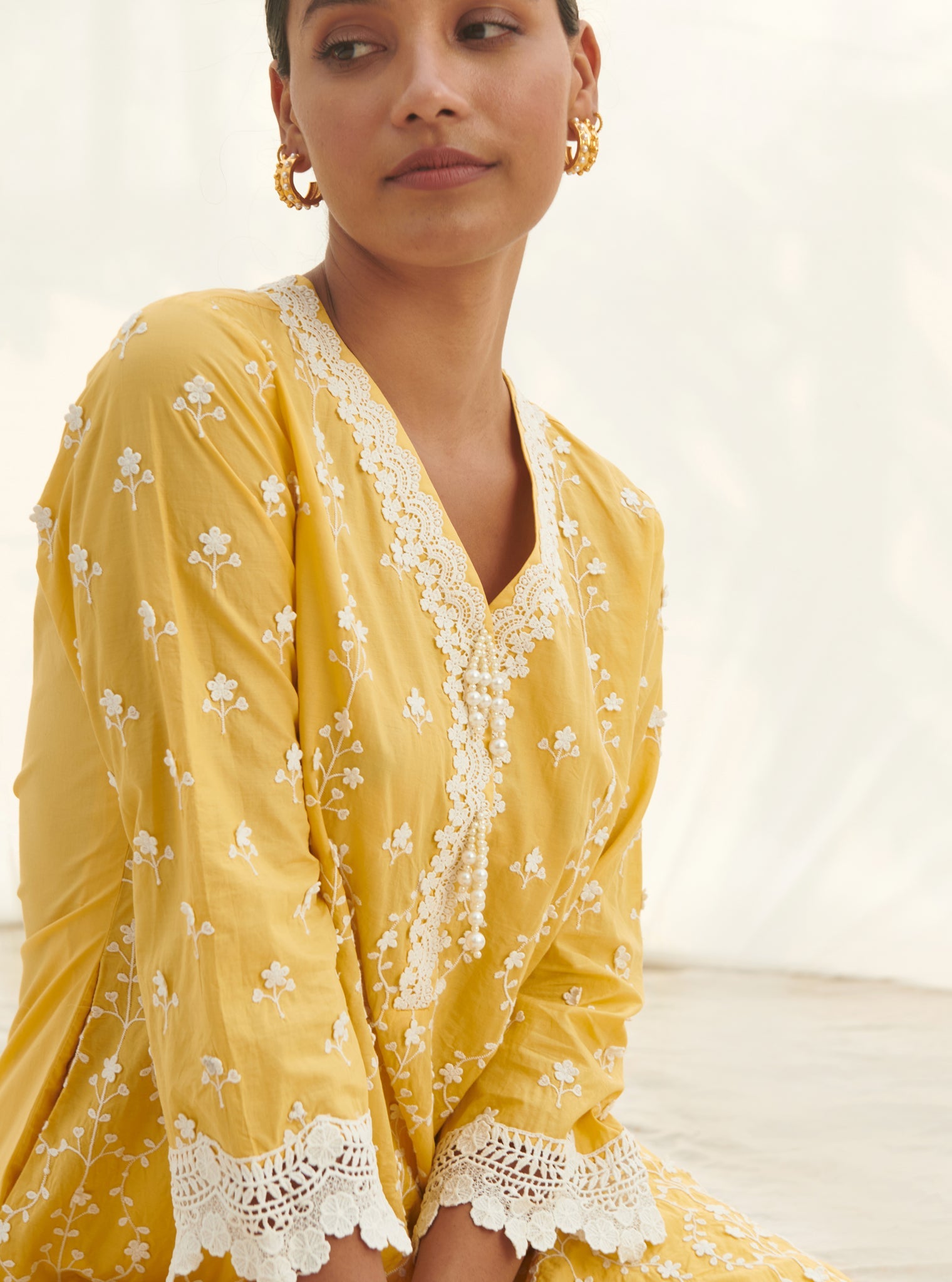 Mulmul Cotton Veliena Yellow Kurta With Mulmul Cotton Chemical Lace White Salwar