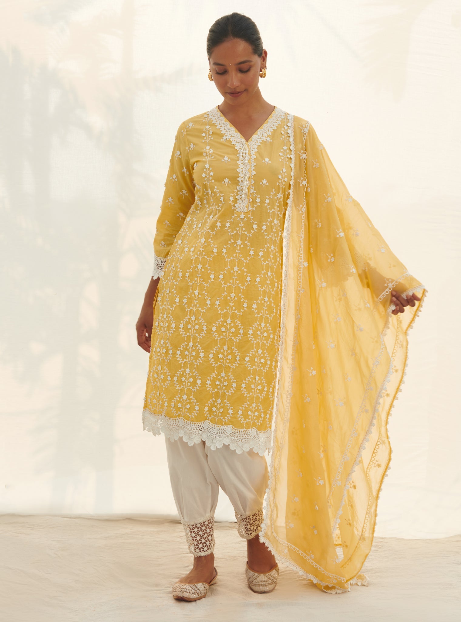 Mulmul Cotton Veliena Yellow Kurta With Mulmul Cotton Chemical Lace White Salwar