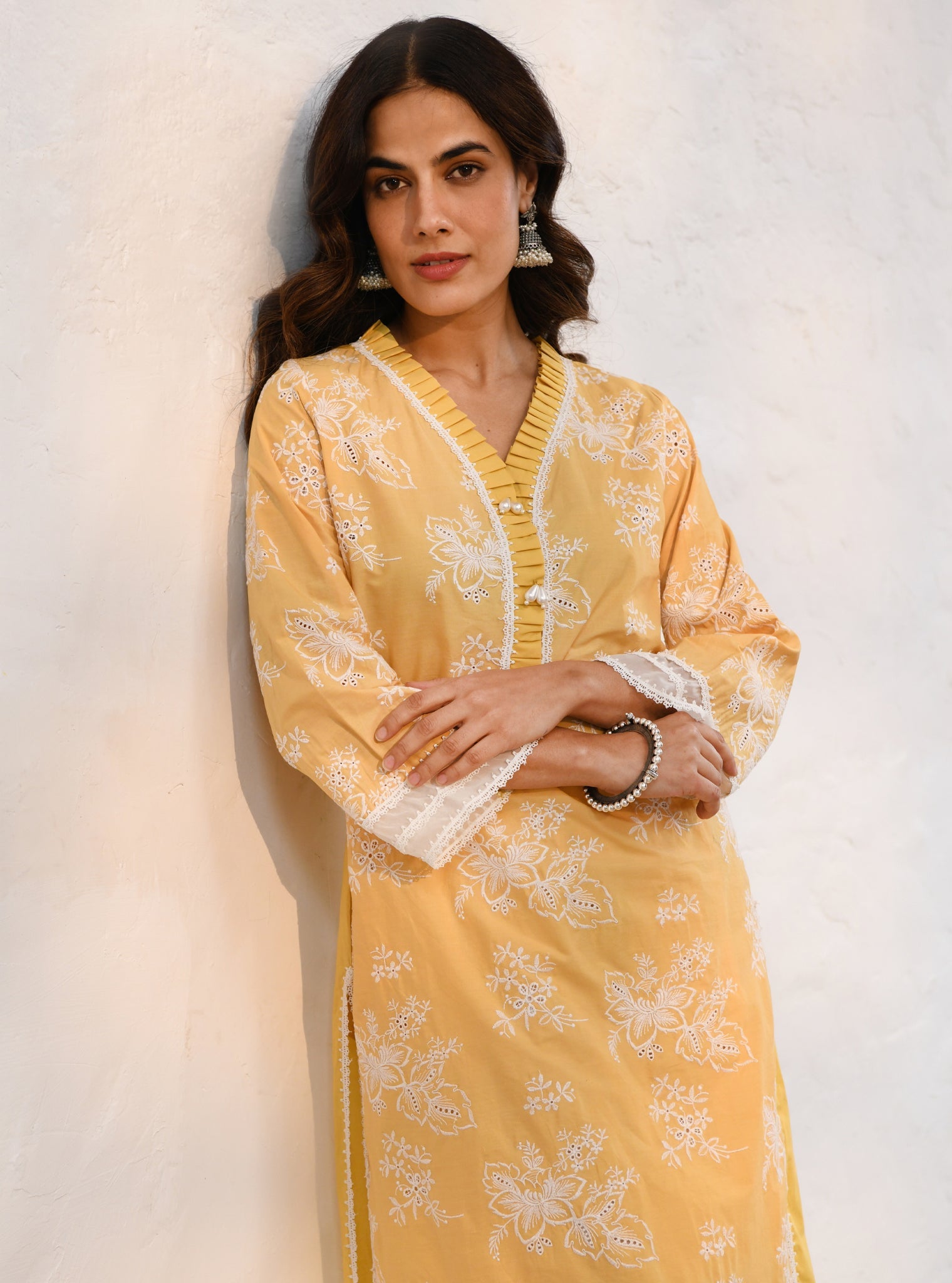 Mulmul Cotton Verlem Yellow Kurta With Mulmul Cotton Chemical Lace White Salwar