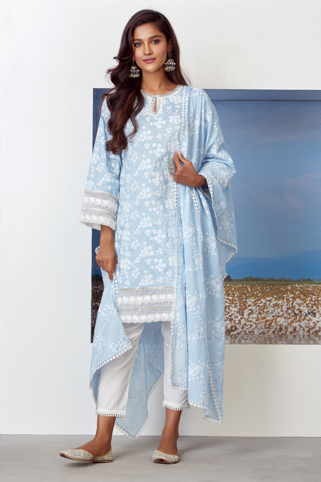 Mulmul Cotton Viva Light Blue Kurta