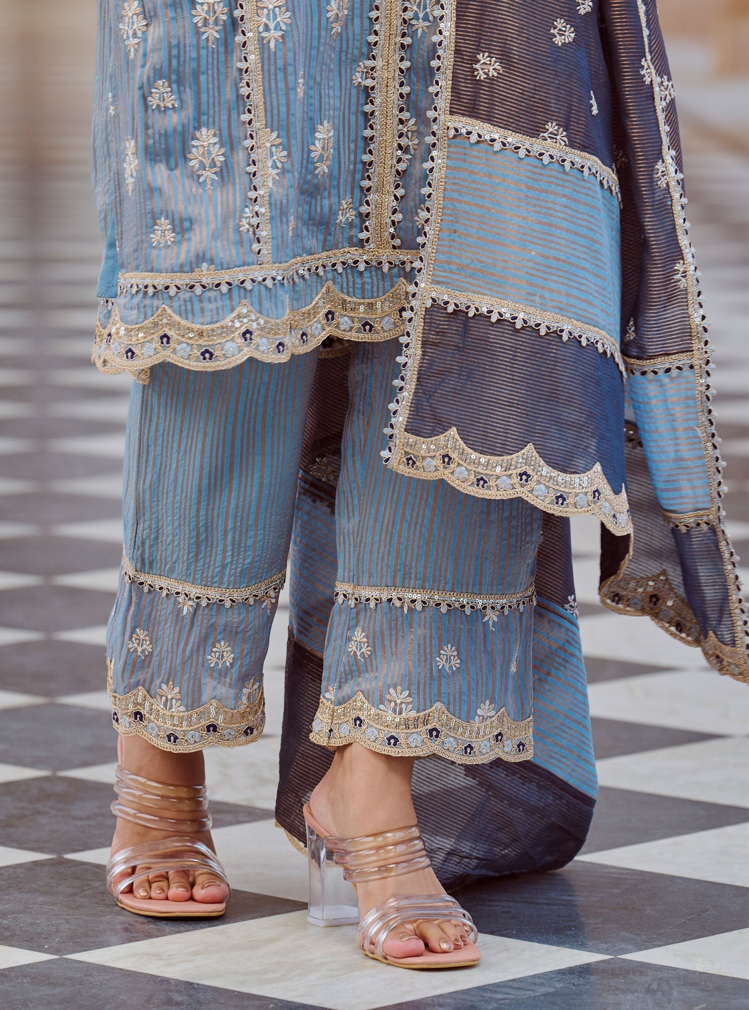 Mulmul Banarsi Gerua Blue Kurta with Mulmul Banarsi Gerua Blue Pant