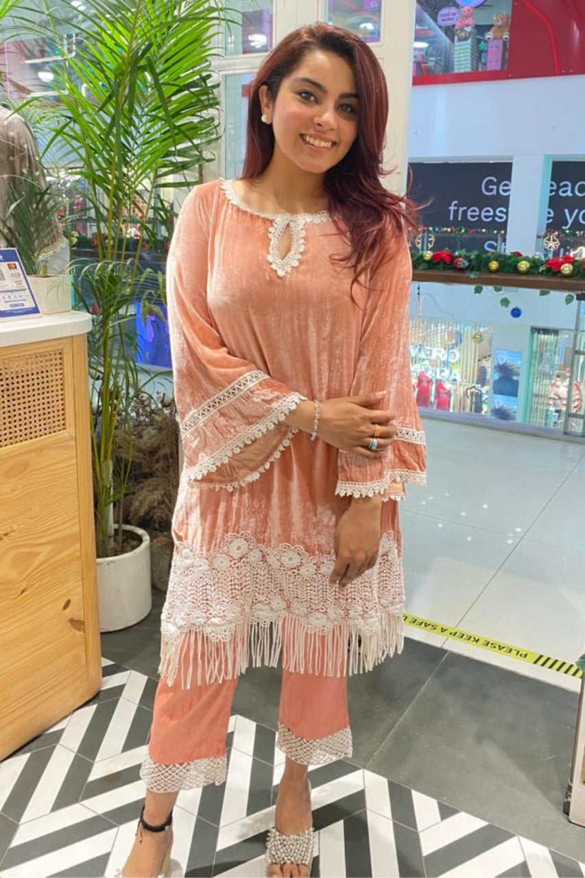 Makhmal Fern Pink Kurta with Fern Peach Pyjama