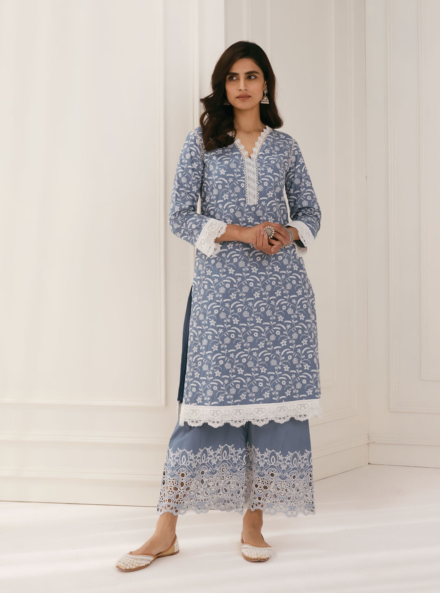 Mulmul Cotton Ziro Denim Kurta With Ziro Denim Pant