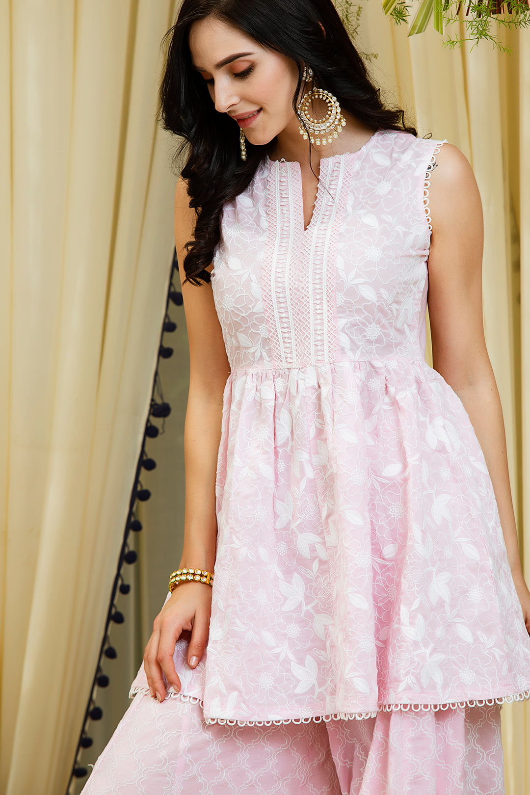 Mulmul Magnolia Pink Kurta With Embroidered Sharara