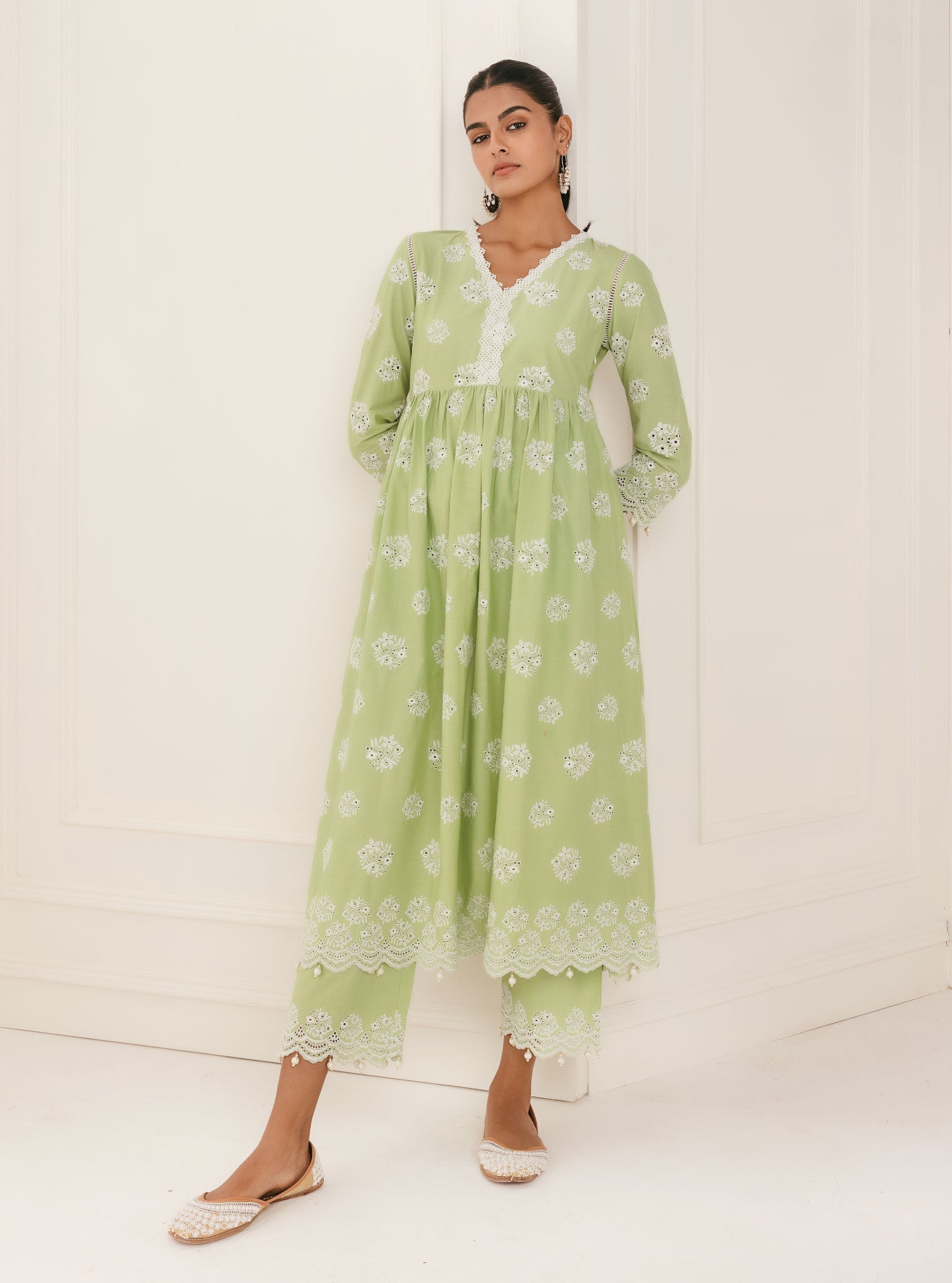 Mulmul Cotton Malana Green Kurta With Malana Green Palazzo