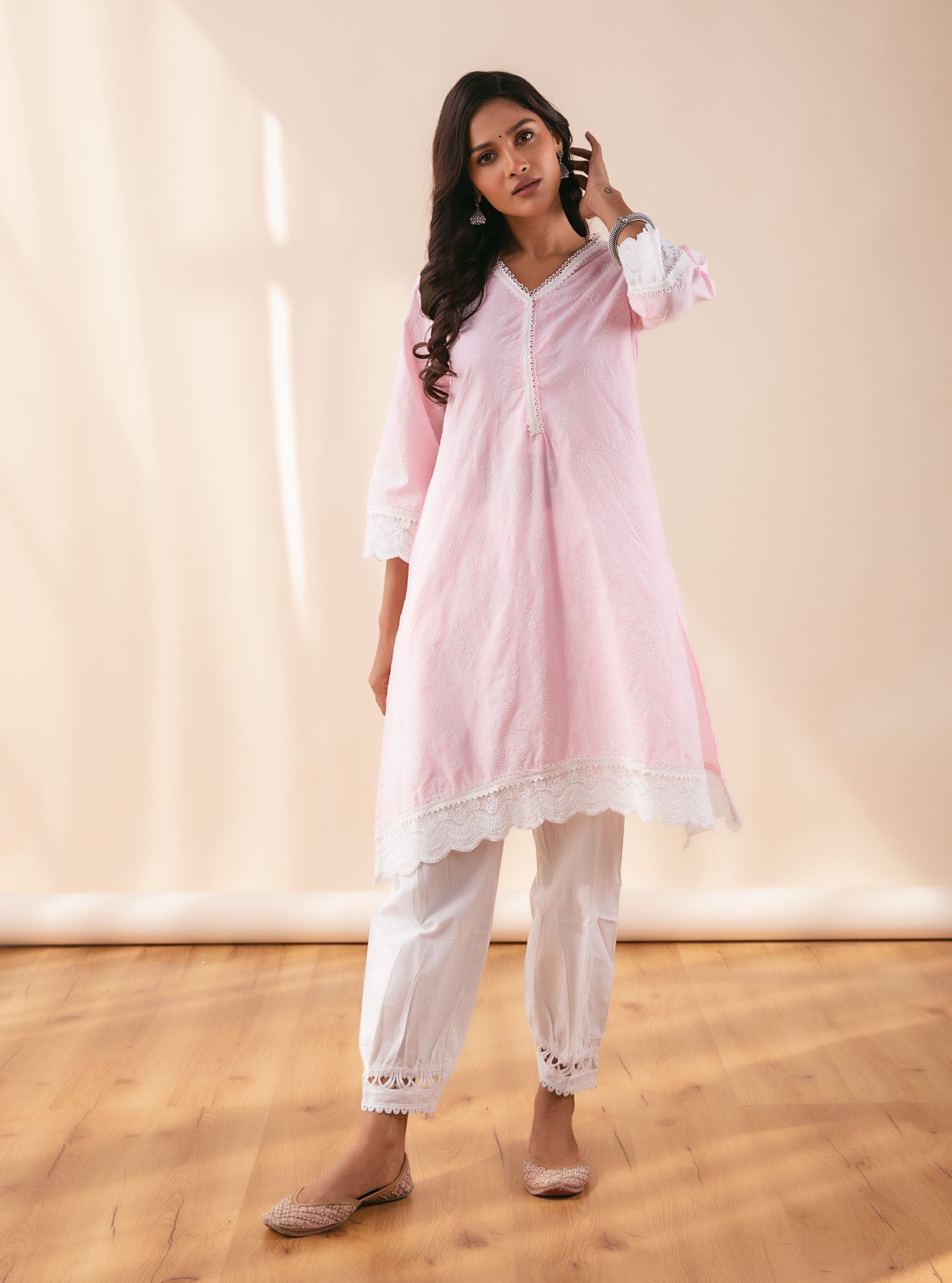 Mulmul Cotton Pixie Pink Kurta With New Harem White Pant