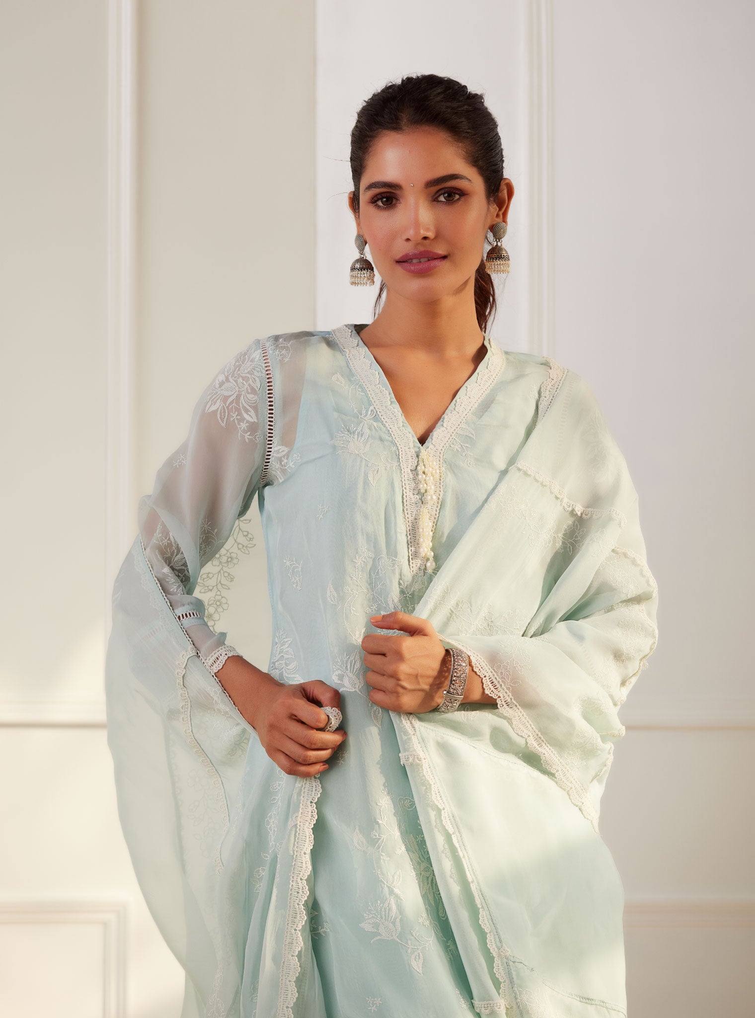 Mulmul Organza Sarah Light Blue Kurta With Cotton Sarah Light Blue Pant