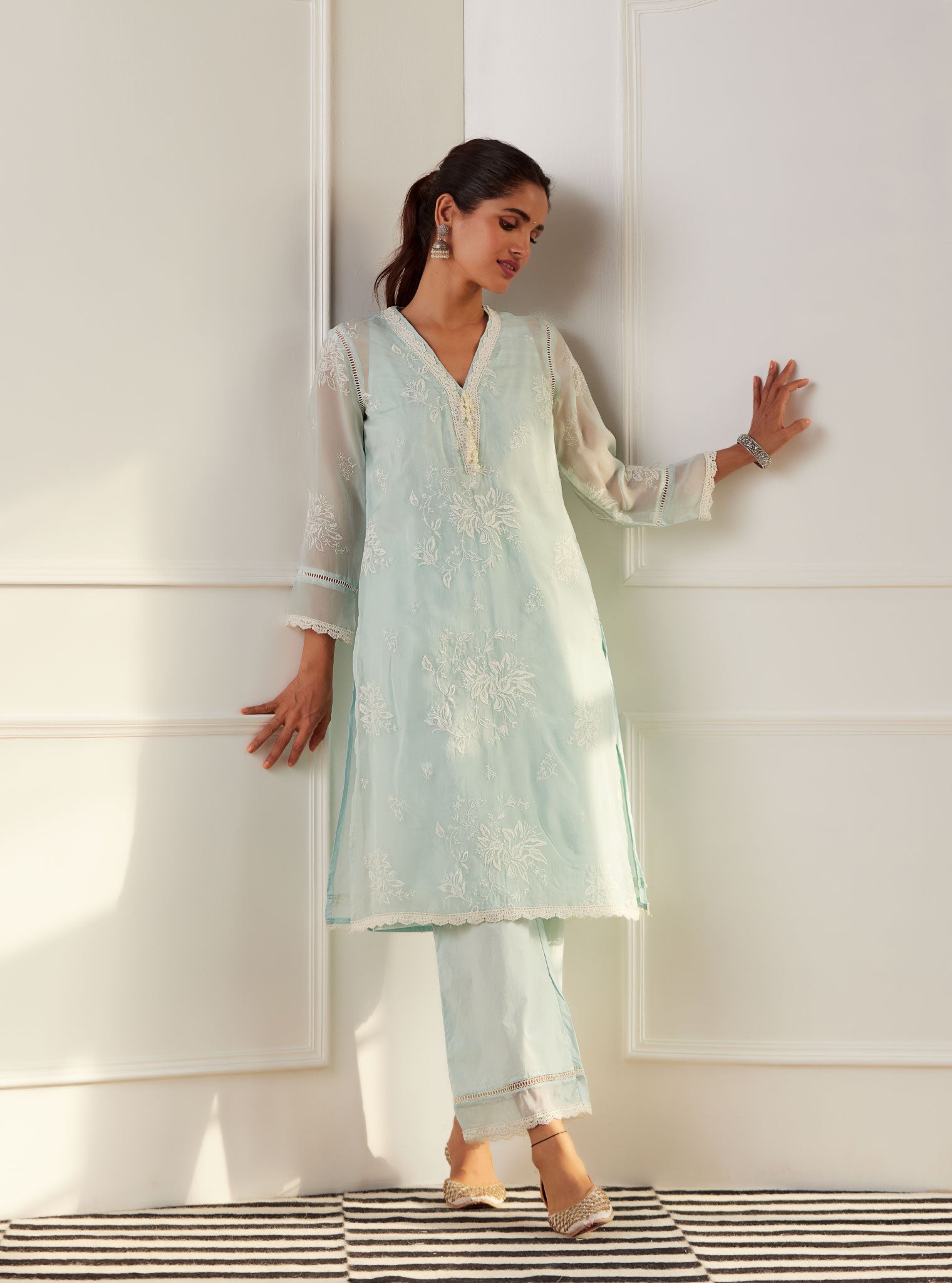 Mulmul Organza Sarah Light Blue Kurta With Cotton Sarah Light Blue Pant