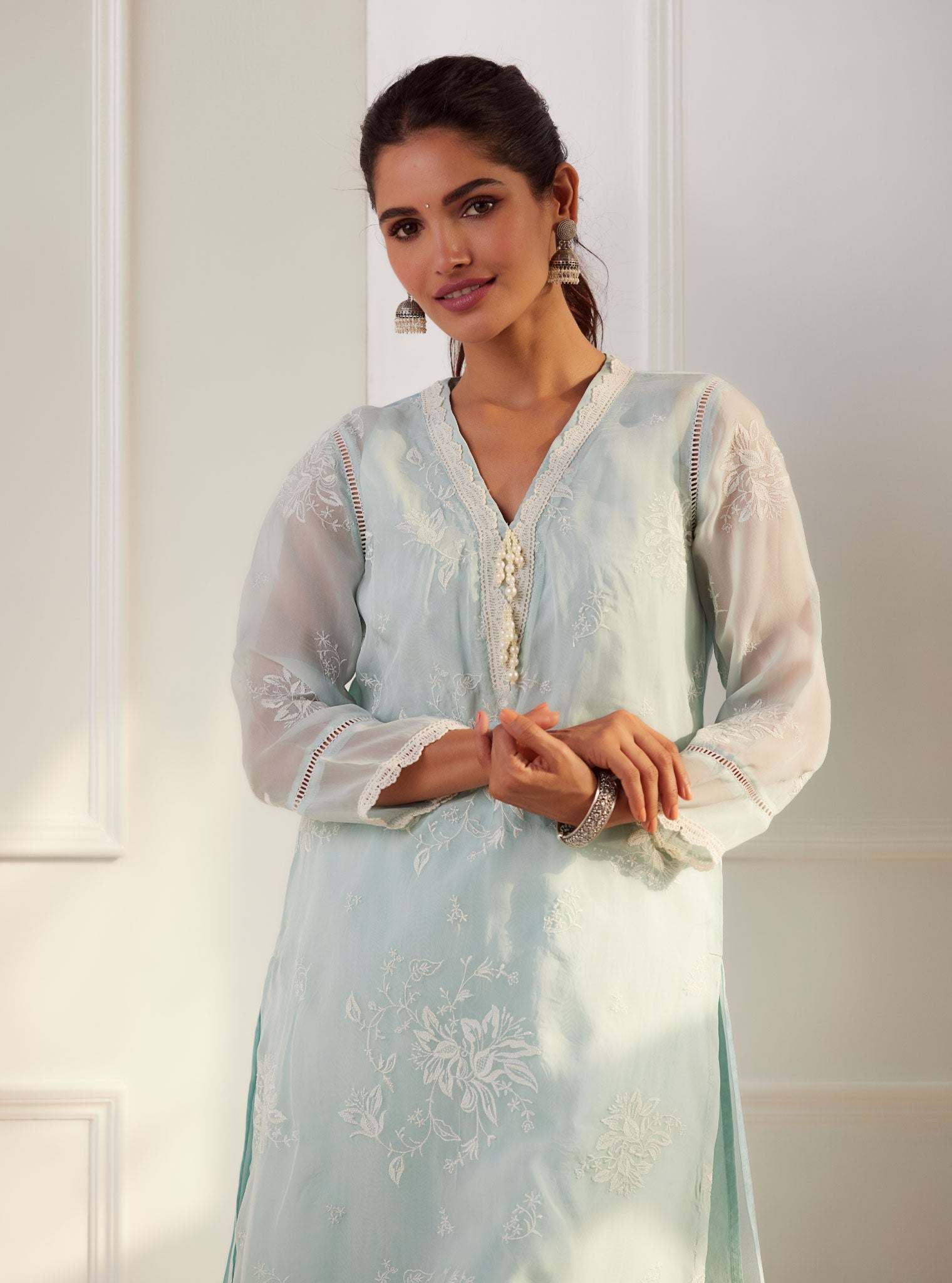 Mulmul Organza Sarah Light Blue Kurta With Cotton Sarah Light Blue Pant