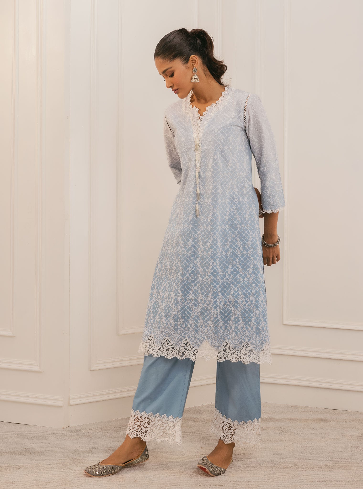 Mulmul Cotton Venna Blue Kurta With Venna Blue Pant