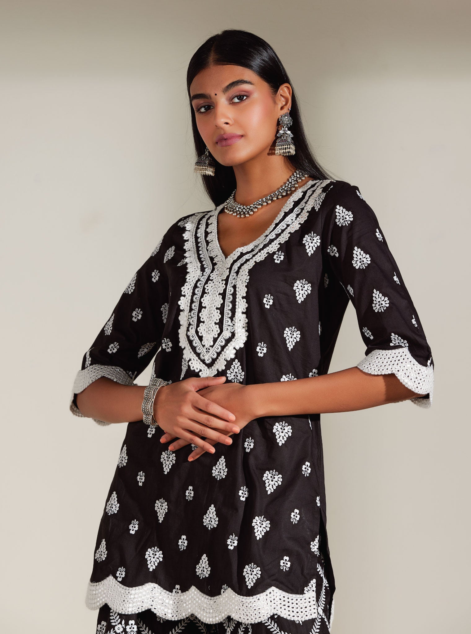 Mulmul Cotton Zoriana Black Kurta With Zoriana Black Sharara