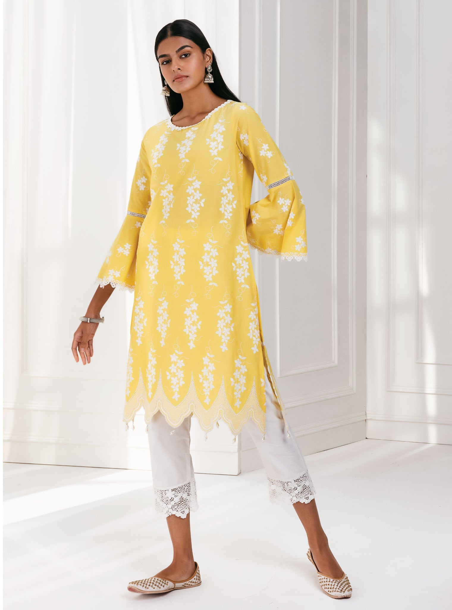 Mulmul Cotton Zuluk Yellow Kurta With Irena White Pant