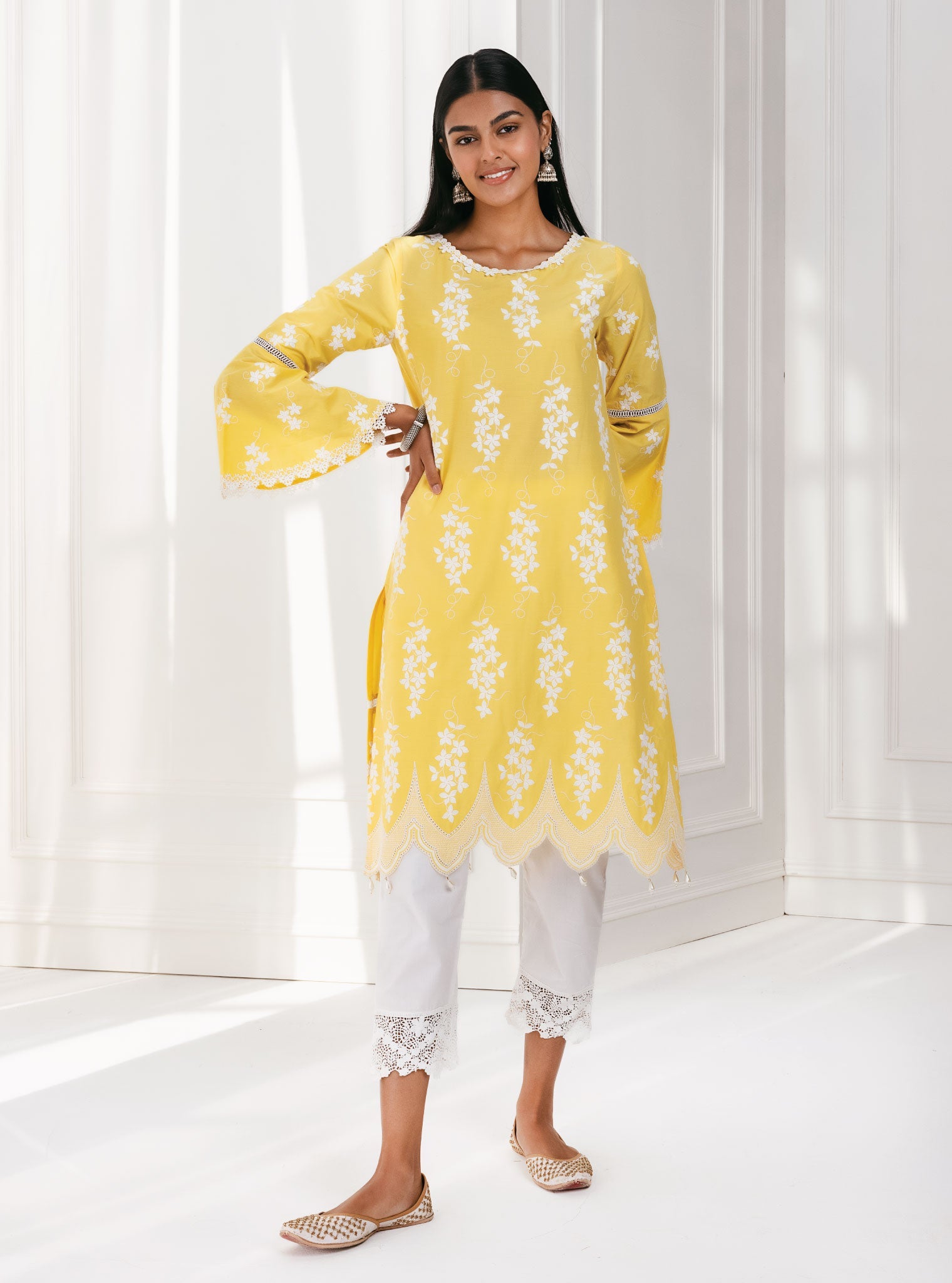 Mulmul Cotton Zuluk Yellow Kurta With Irena White Pant