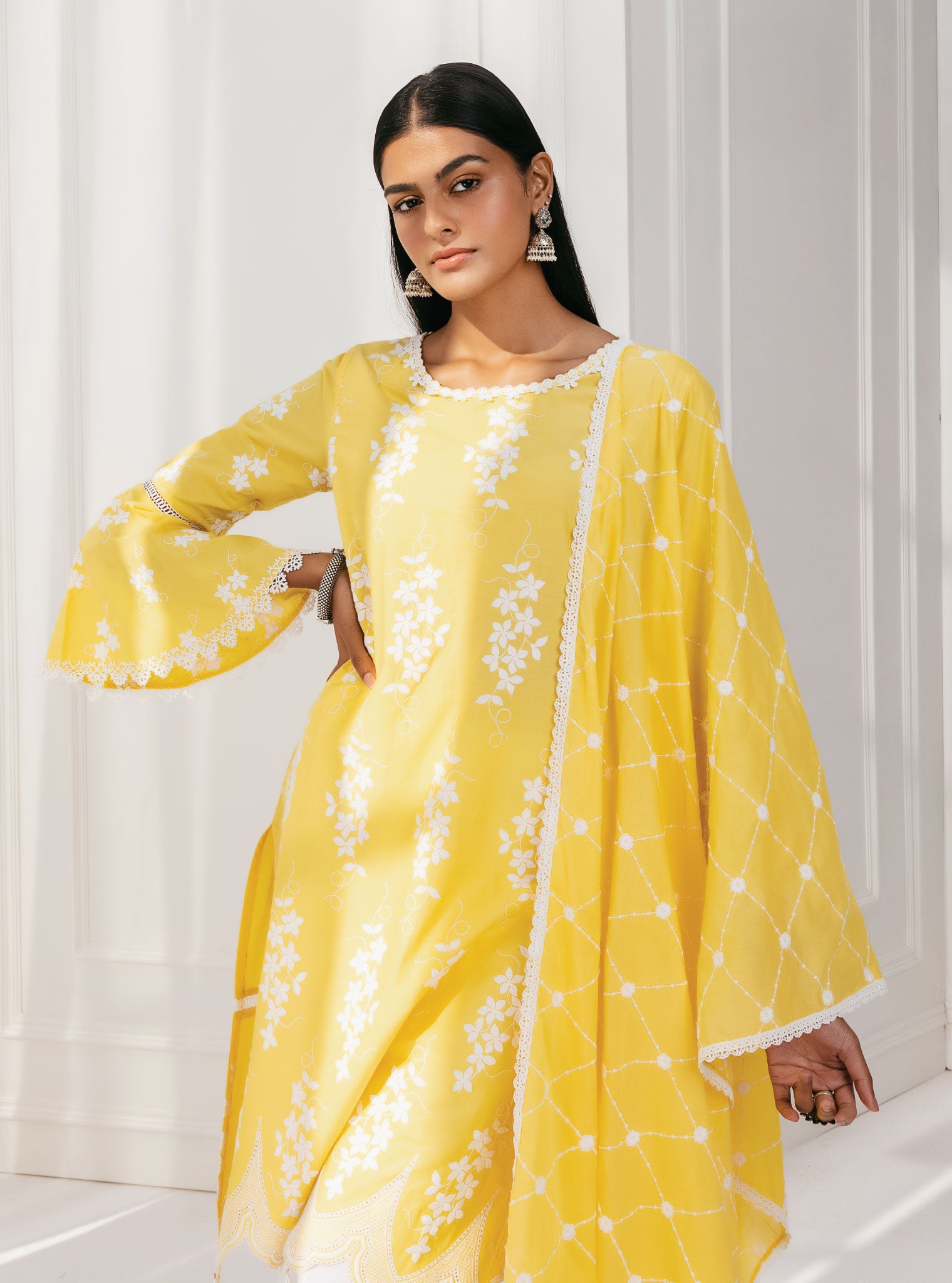 Mulmul Cotton Zuluk Yellow Kurta With Irena White Pant