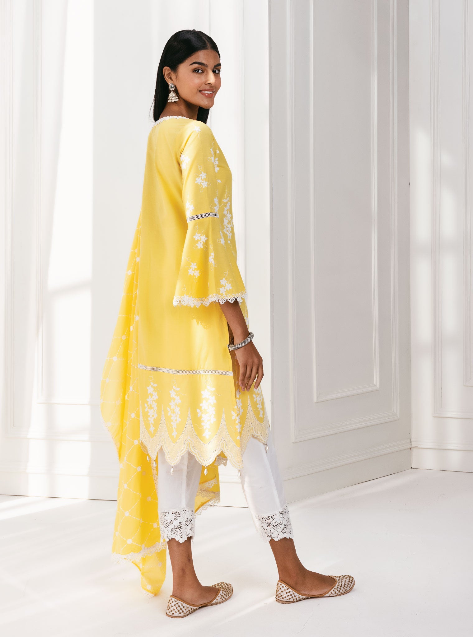 Mulmul Cotton Zuluk Yellow Kurta With Irena White Pant