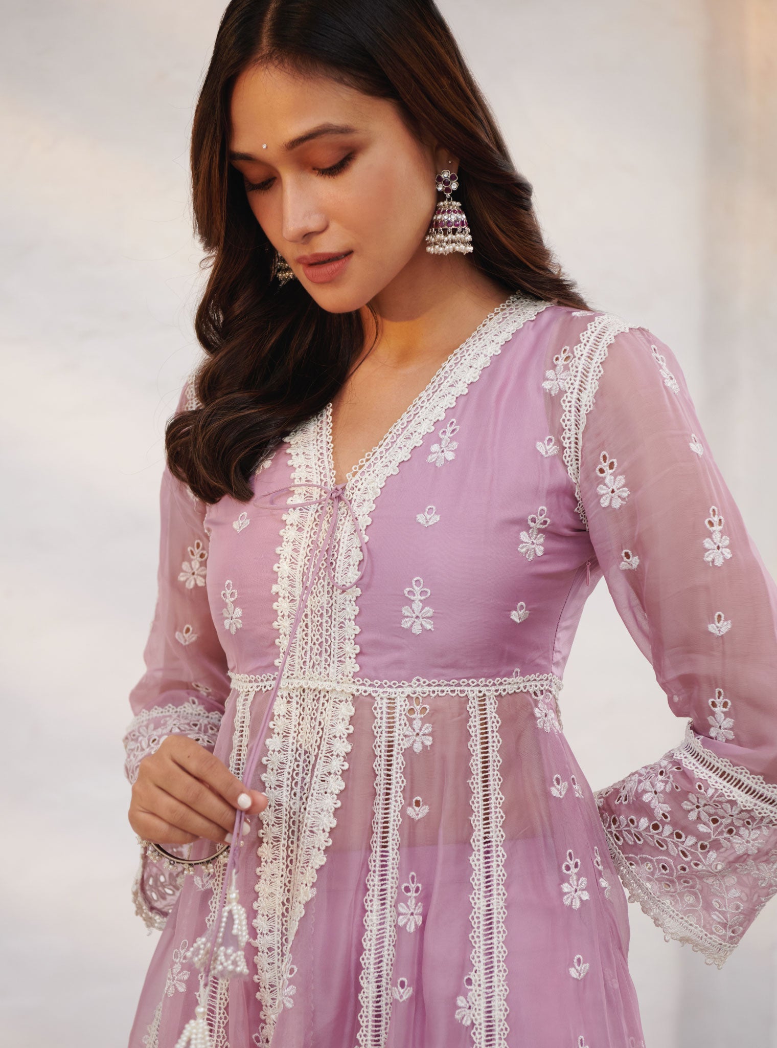 Mulmul Organza Sheffield Lilac Anarkali Kurta With Cotton Sheffield Lilac Pant