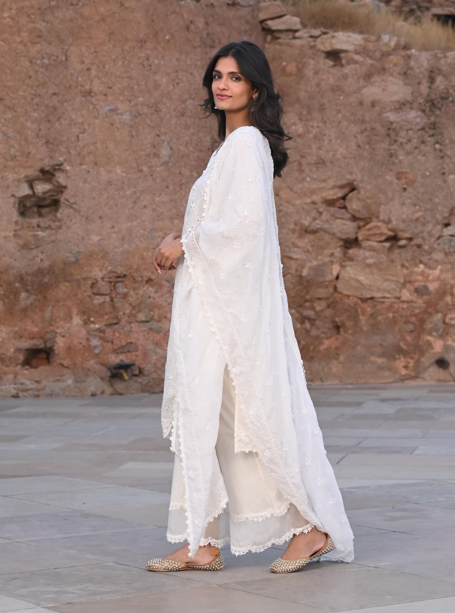 Mulmul Cotton Perth White Kurta With Lola White Pant