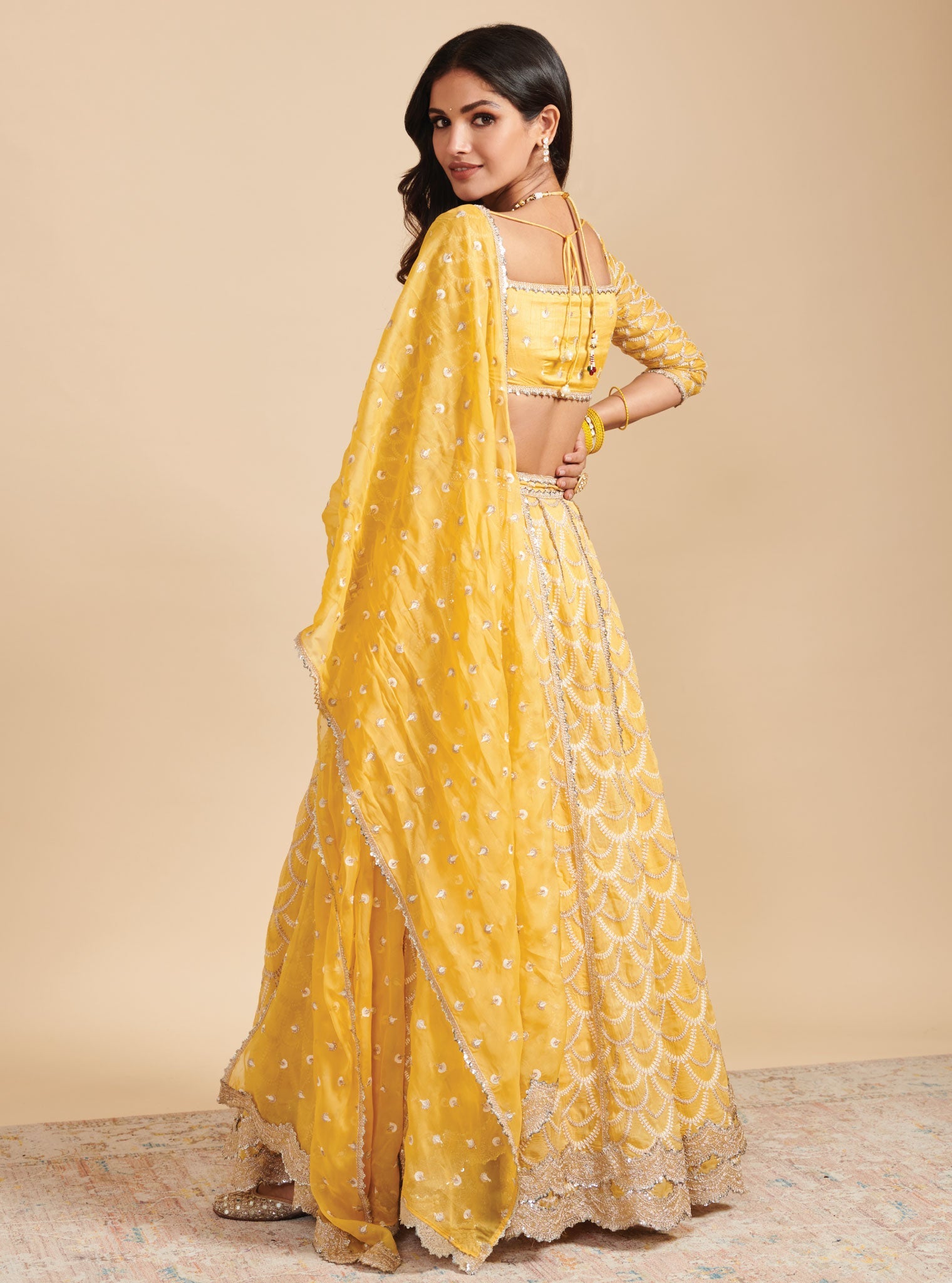 Mulmul Organza Morni Yellow Lehenga