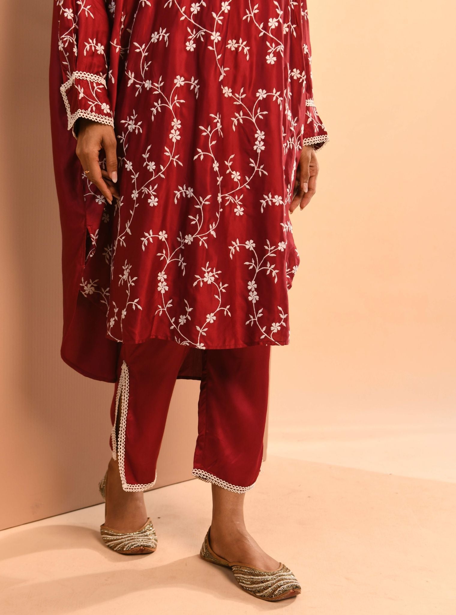 Mulmul Cupro Pheme Wine Kurta With Mulmul Cupro Pheme Wine Pant